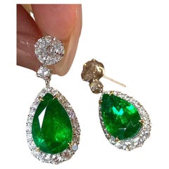 Eze Jewelry 18K Gold Emerald and Diamond Drop Earrings, 8 Carats
