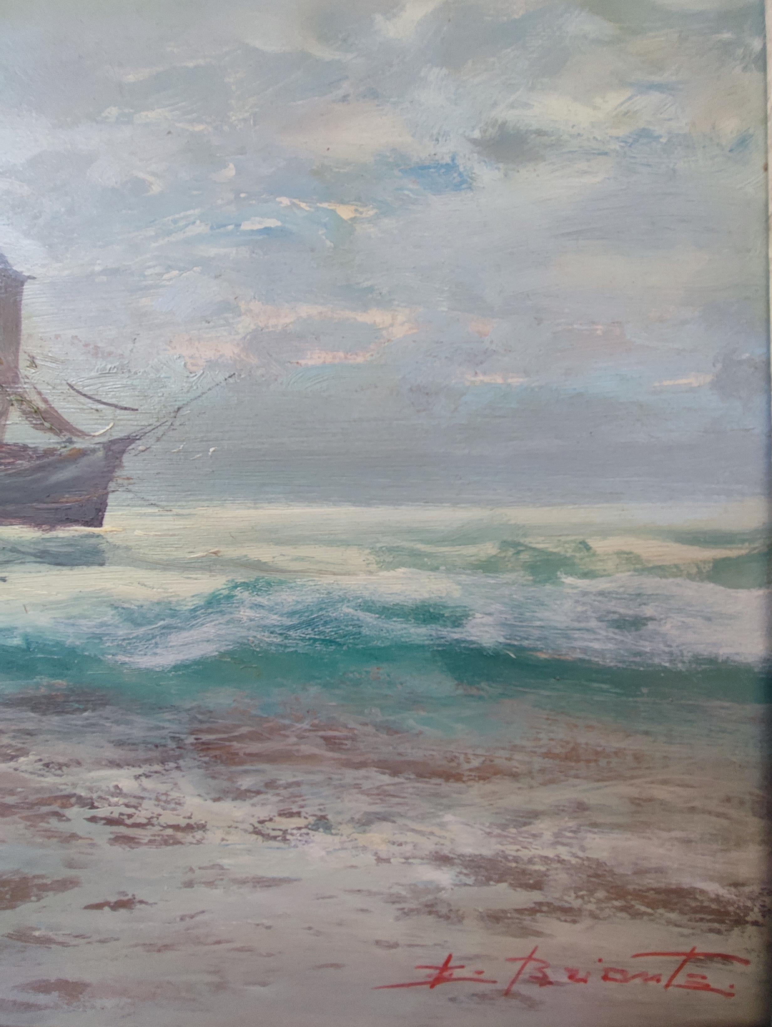 Boats at sea - Italian School Painting by Ezelino Briante