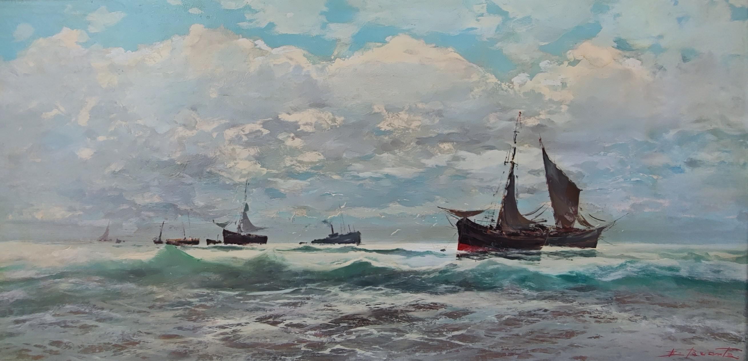 Ezelino Briante Landscape Painting - Boats at sea