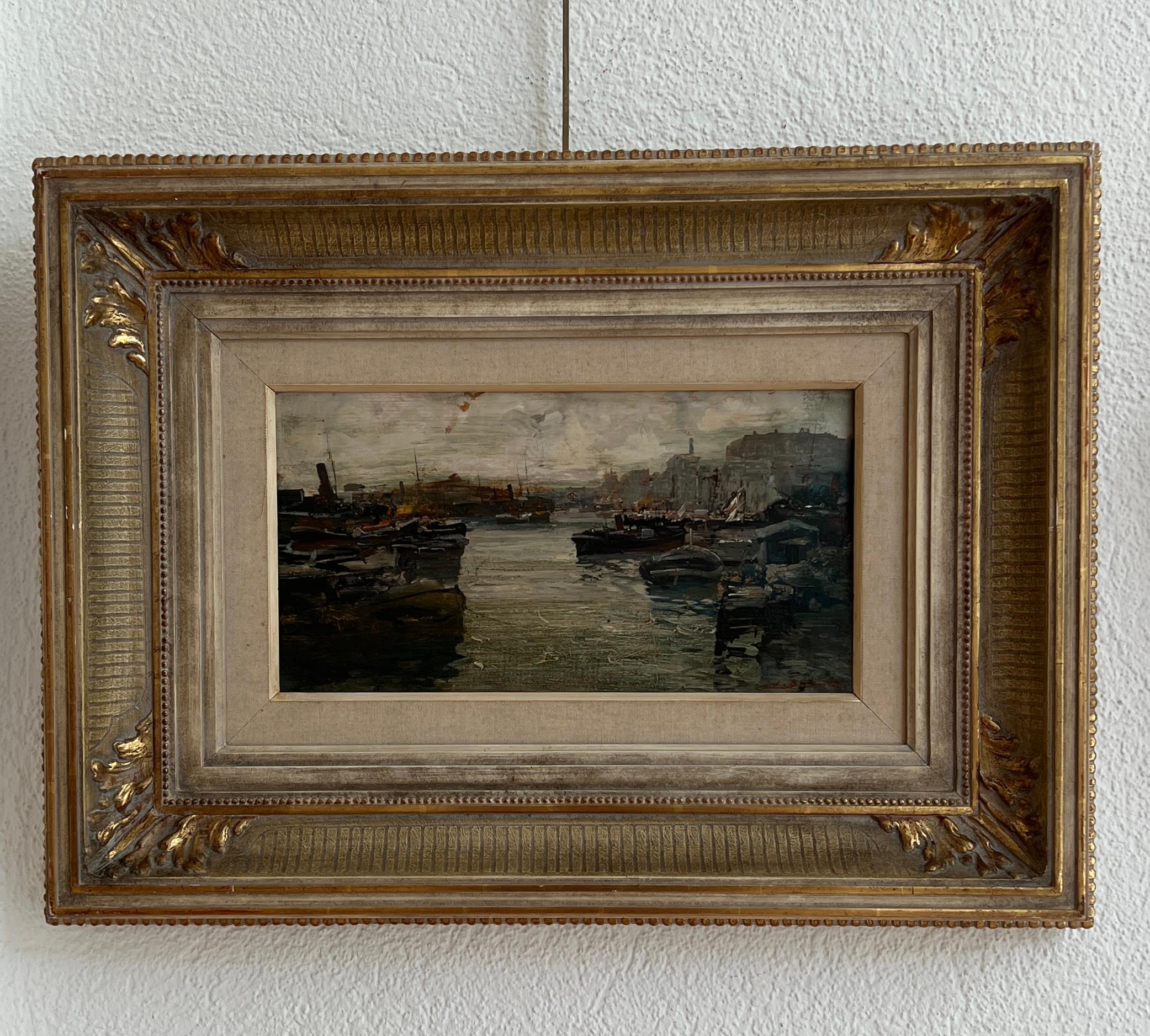 Barcos en el puerto de Génova, Italia - Painting de Ezelino Briante