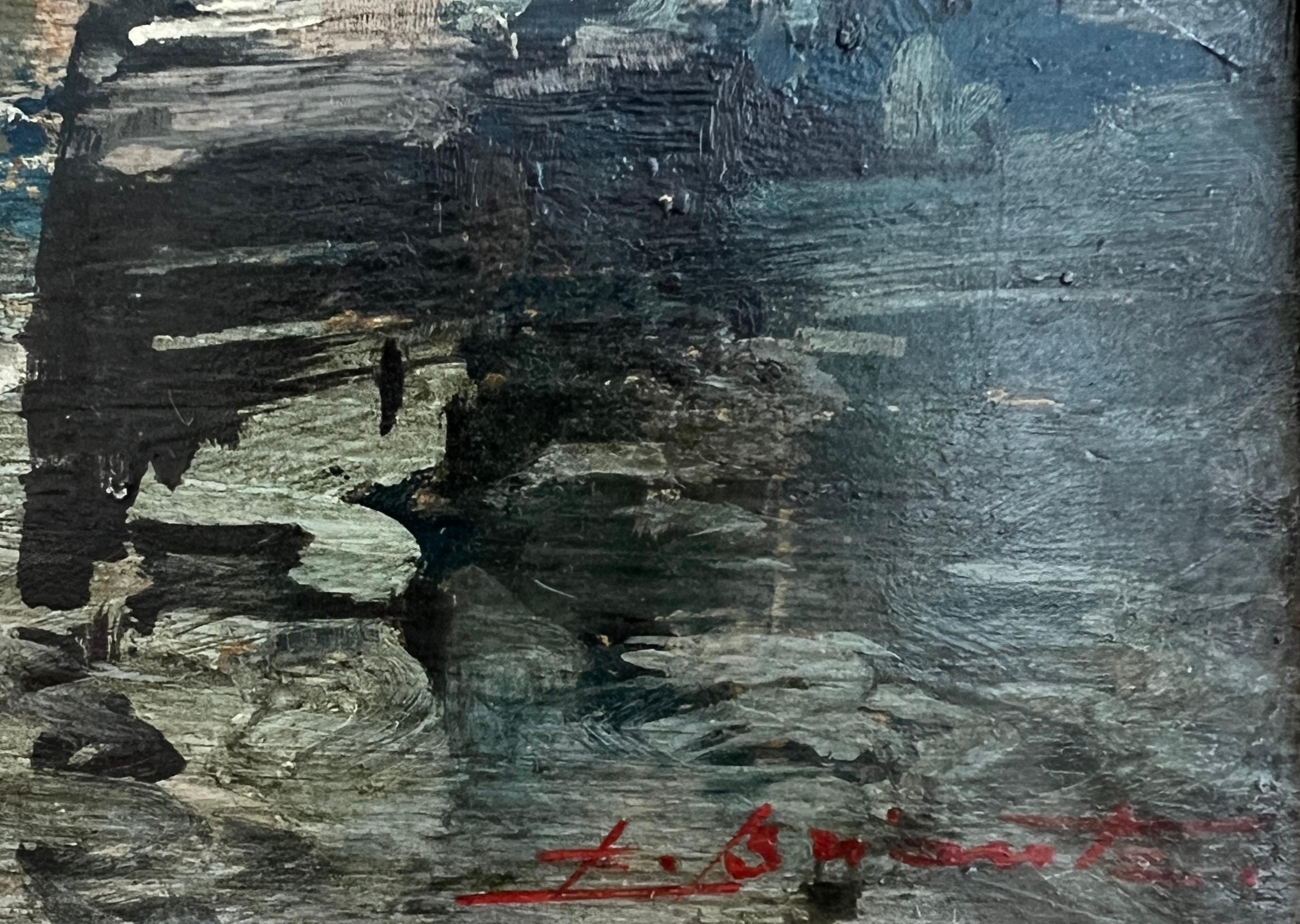 Barcos en el puerto de Génova, Italia - Painting Escuela italiana de Ezelino Briante