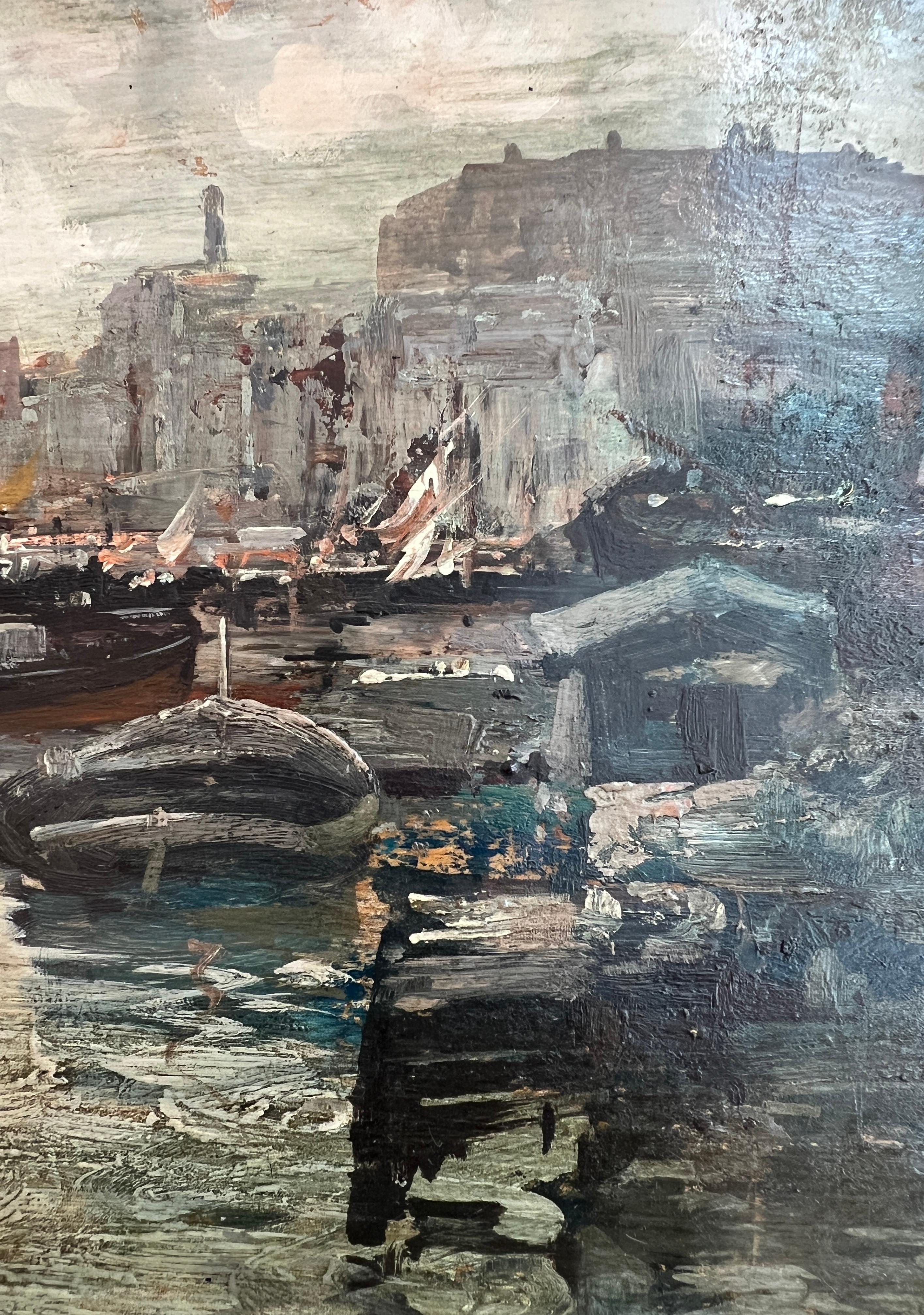 Barcos en el puerto de Génova, Italia - Landscape Painting Negro de Ezelino Briante