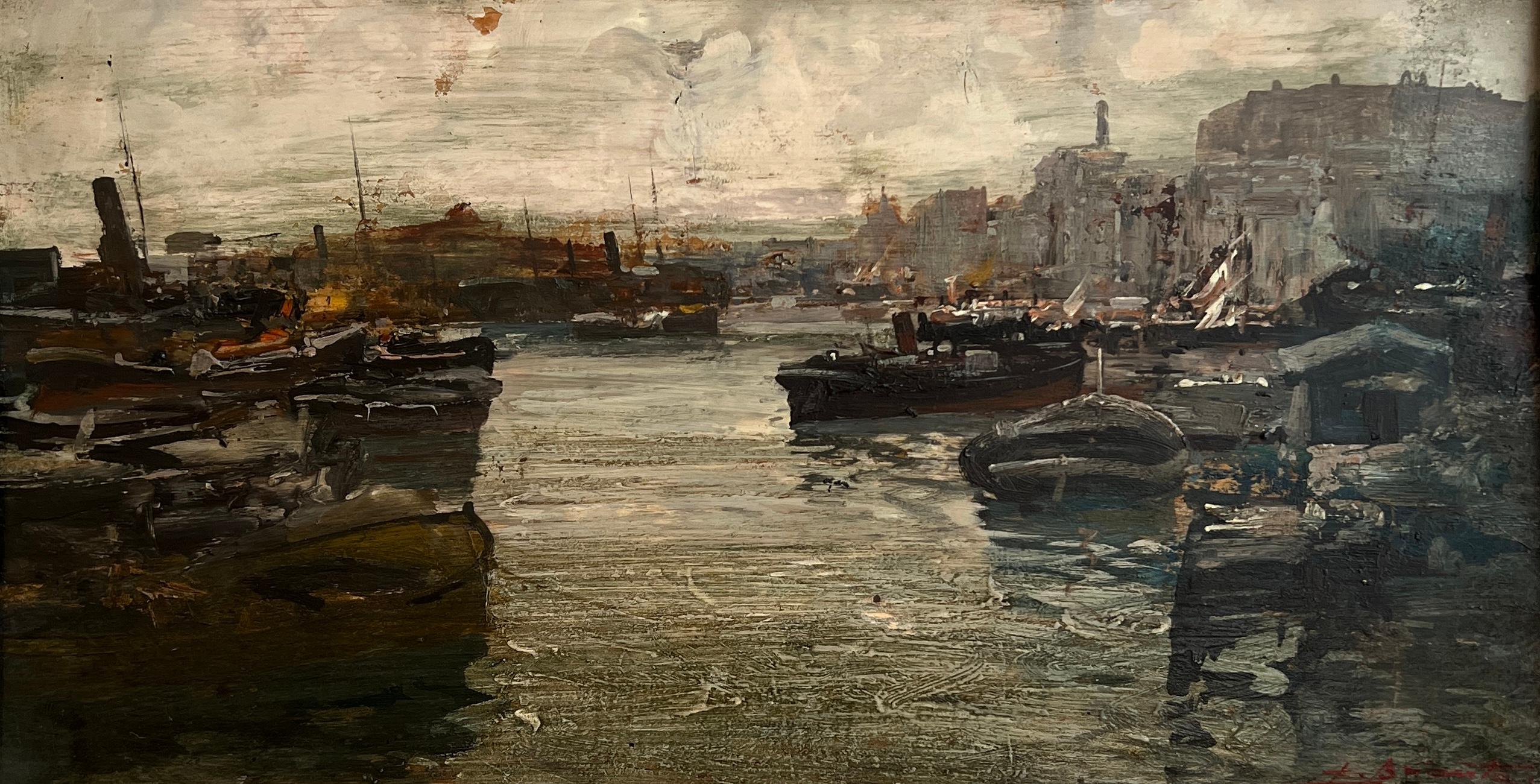 Landscape Painting de Ezelino Briante - Barcos en el puerto de Génova, Italia