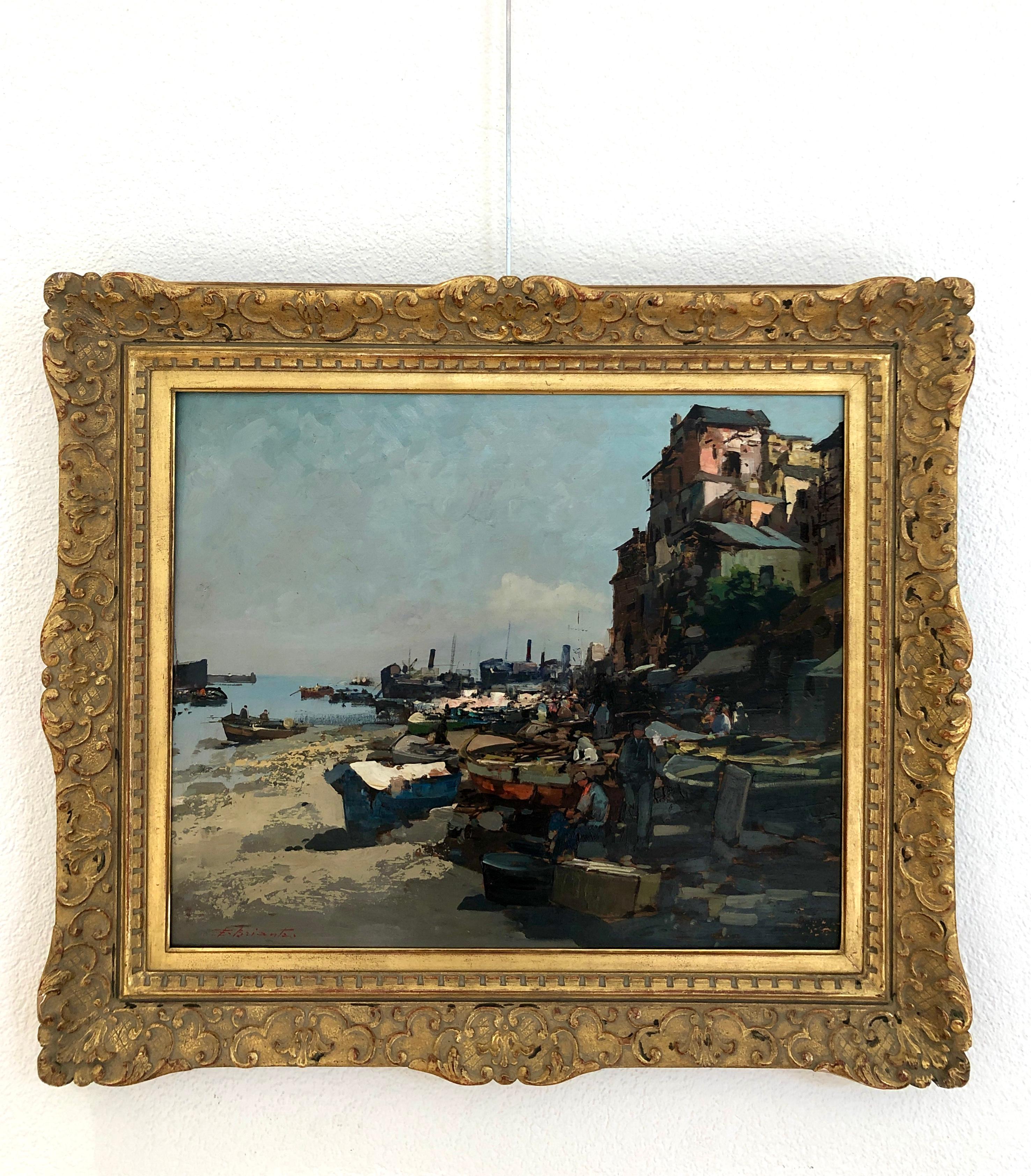 Busy fishing port, Italy - Painting by Ezelino Briante