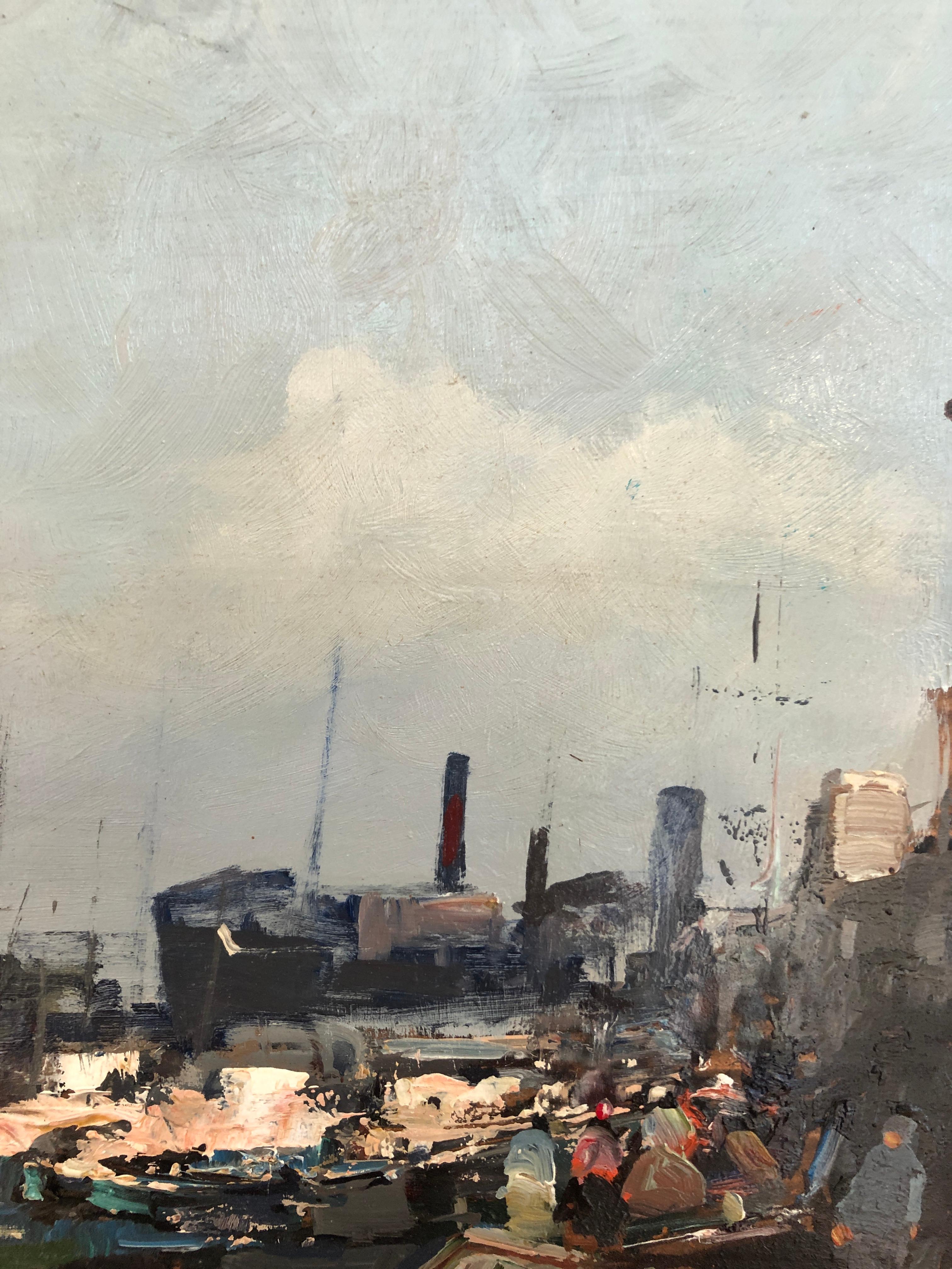 Busy fishing port, Italy - Gray Landscape Painting by Ezelino Briante