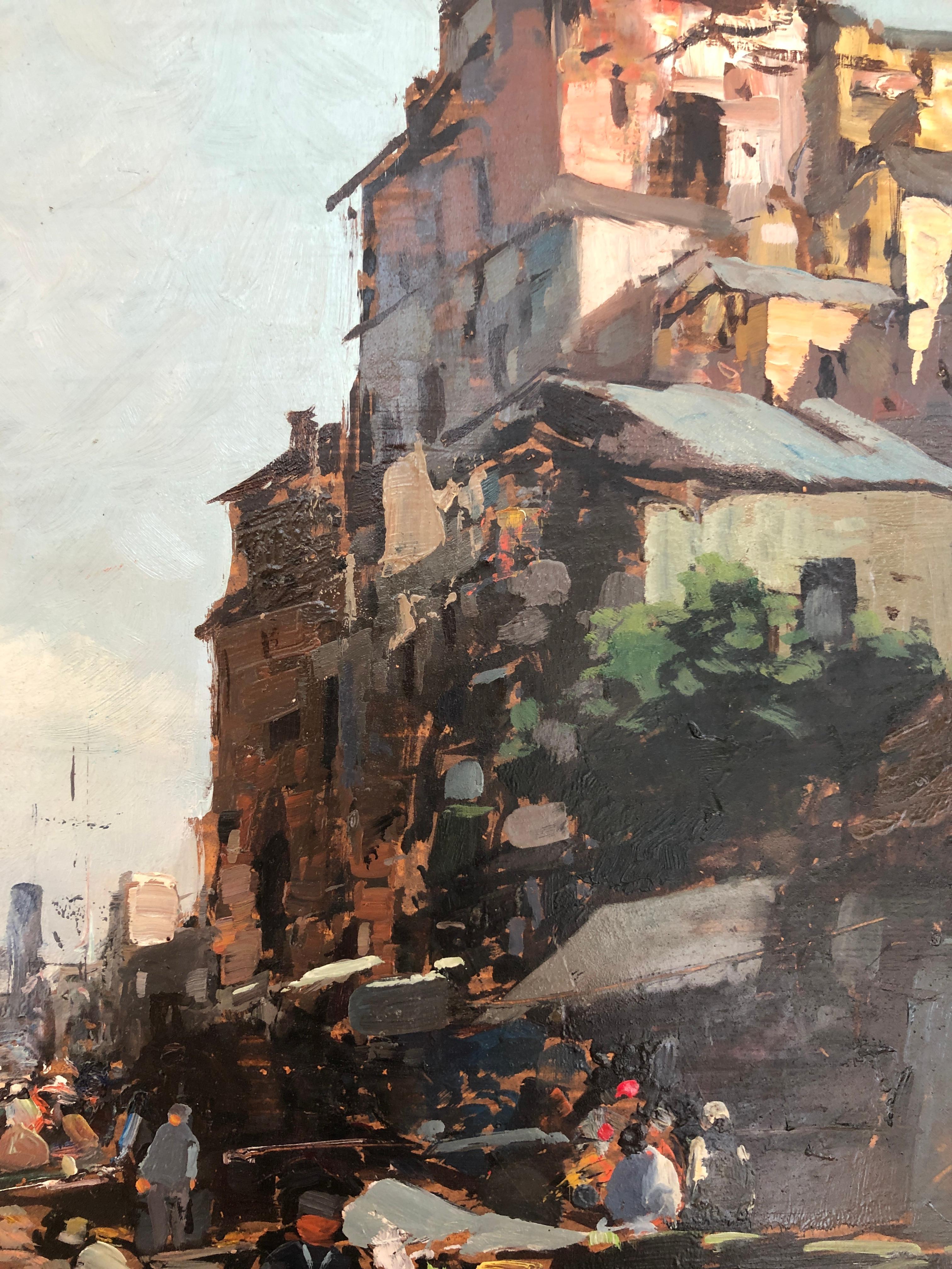 Busy fishing port, Italy - Gray Landscape Painting by Ezelino Briante