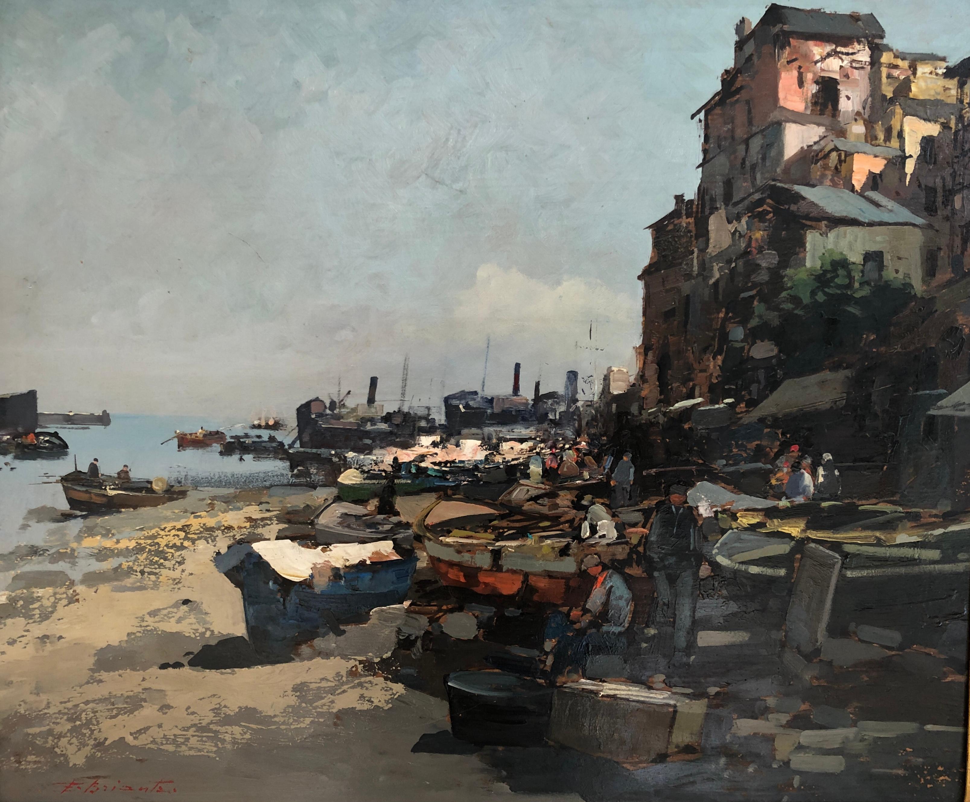 Ezelino Briante Landscape Painting - Busy fishing port, Italy