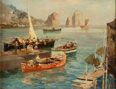 Capri's Fishermen and Faraglioni, Coastal Harbor 20th century Oil Painting
