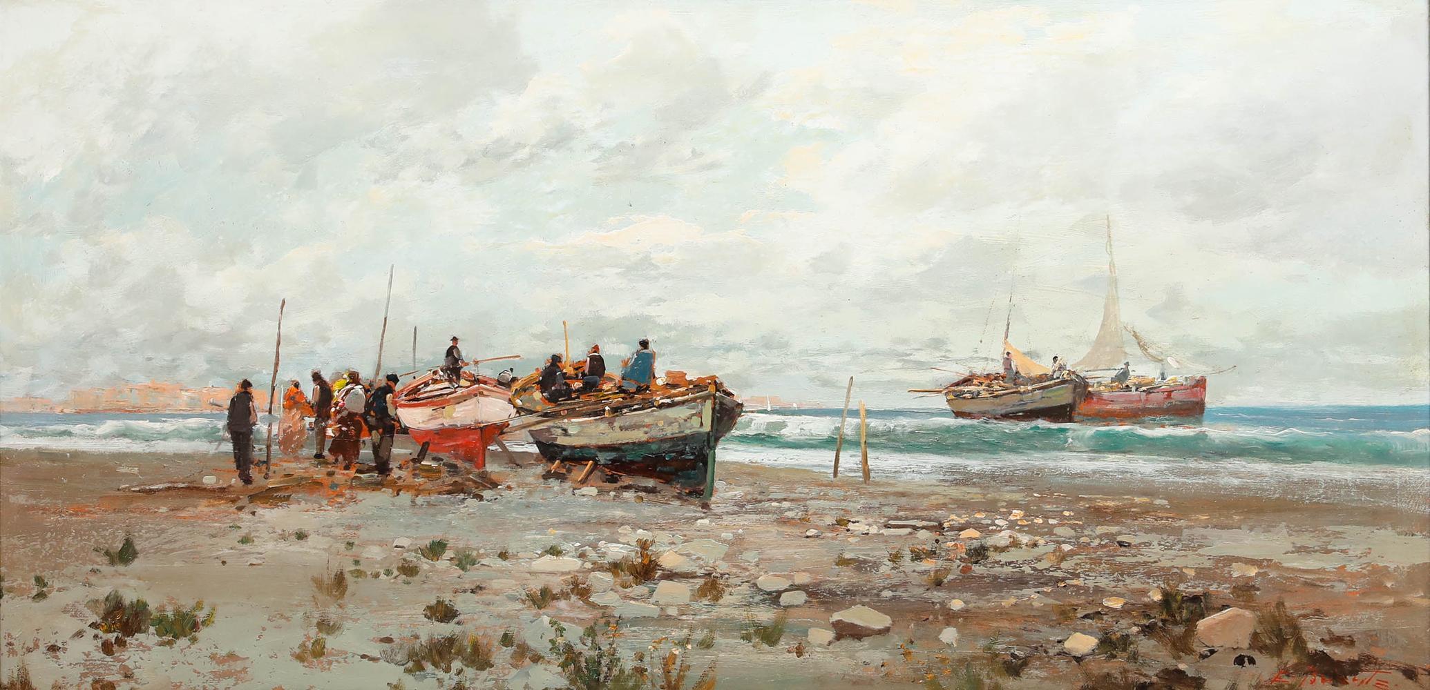 Ezelino Briante - Framed 20th Century Oil, Gathered by the Vessels For Sale 1