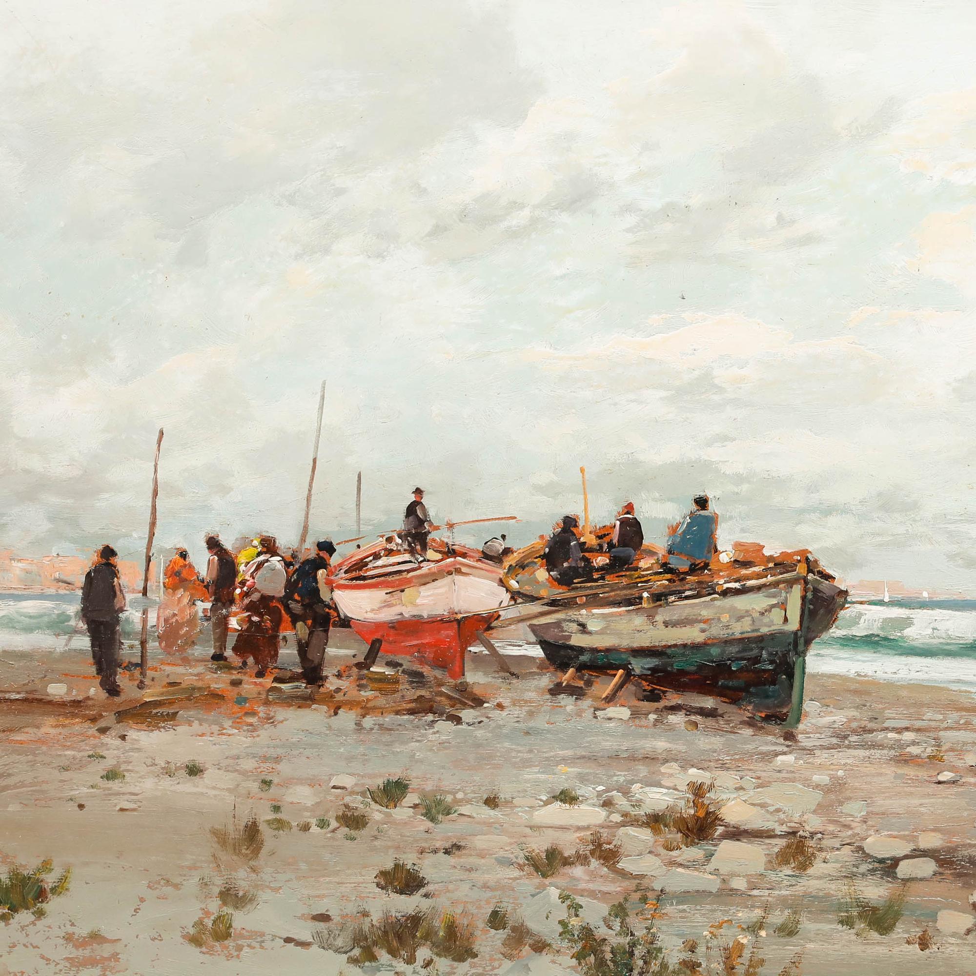 Ezelino Briante - Framed 20th Century Oil, Gathered by the Vessels For Sale 3