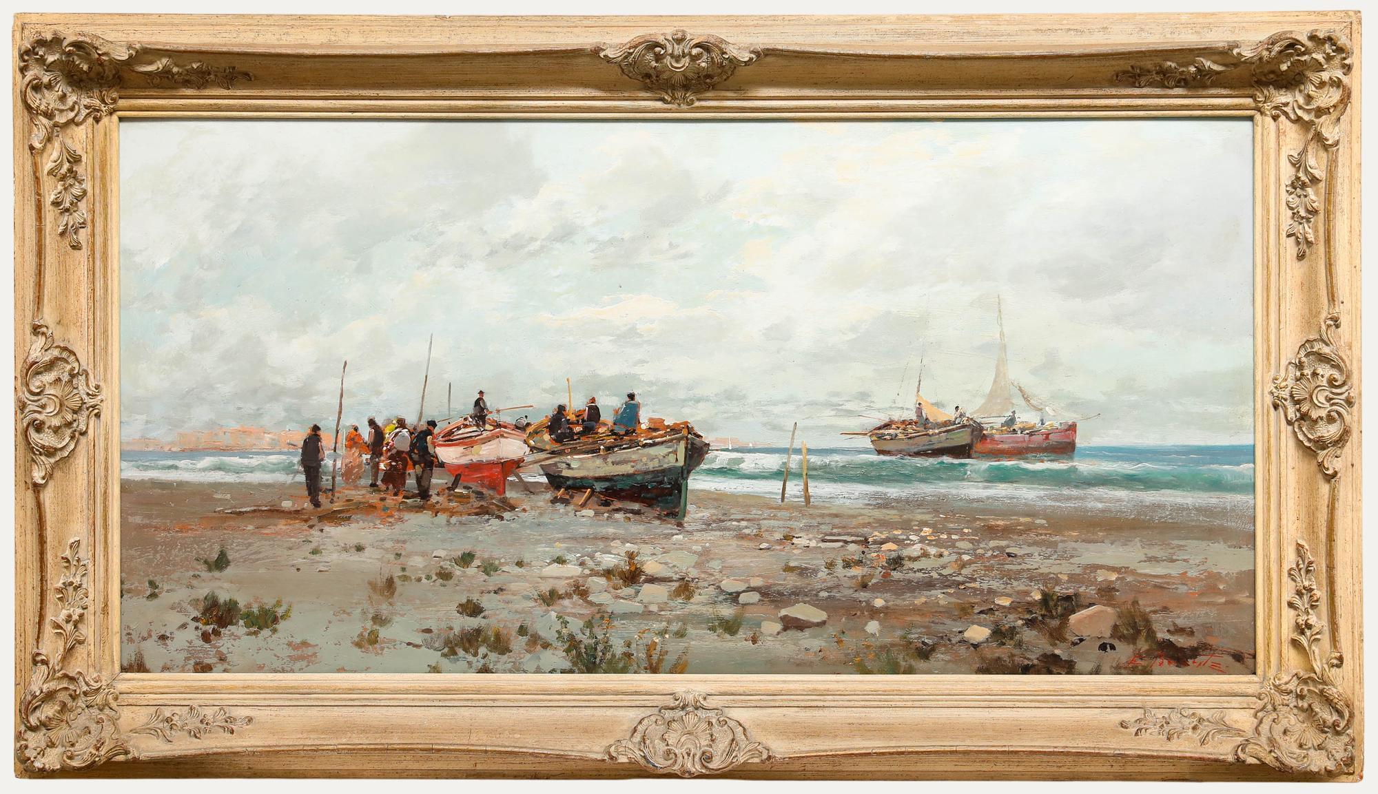 This vibrant coastal landscape depicts fishing boats drawn up on a pebbled beach with fishermen tending to their vessels. A dramatic cloud-filled sky, rendered in muted tones, dominates the upper third, creating a moody, atmospheric quality typical