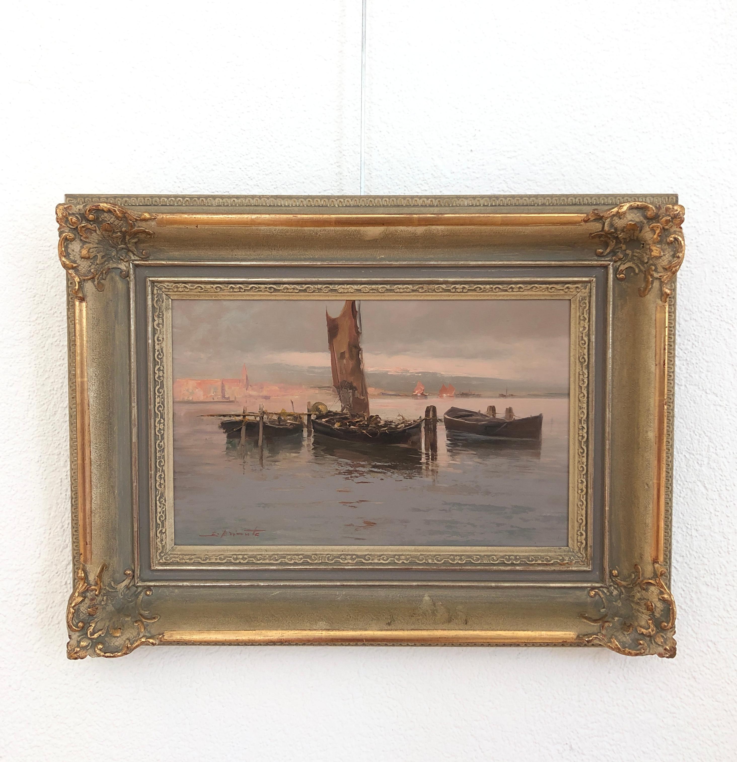 Fishing boats on the lagoon, Venice - Painting by Ezelino Briante