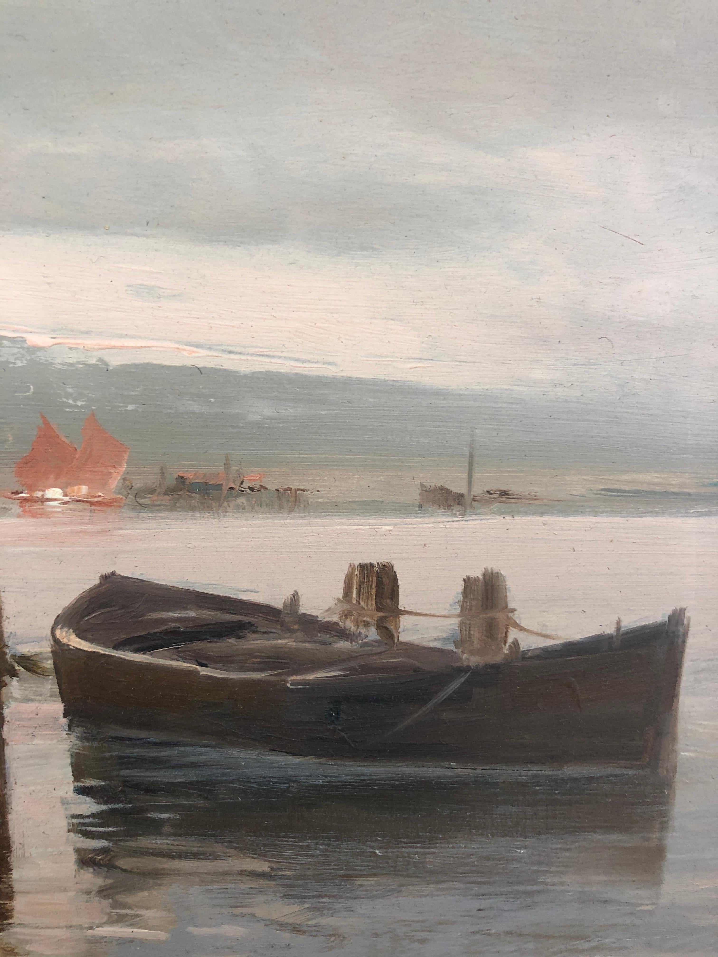 Fishing boats on the lagoon, Venice - Italian School Painting by Ezelino Briante