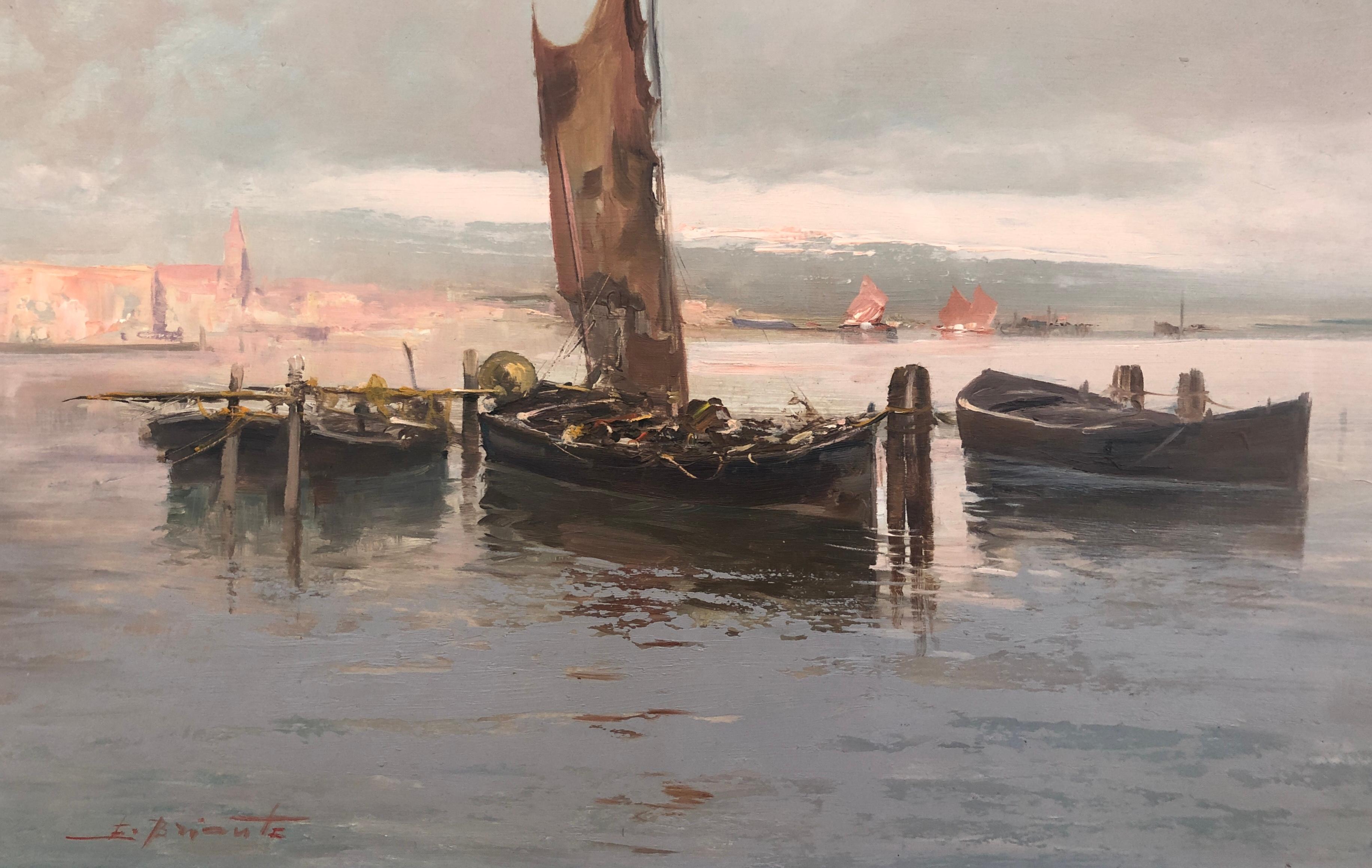 Ezelino Briante Landscape Painting - Fishing boats on the lagoon, Venice