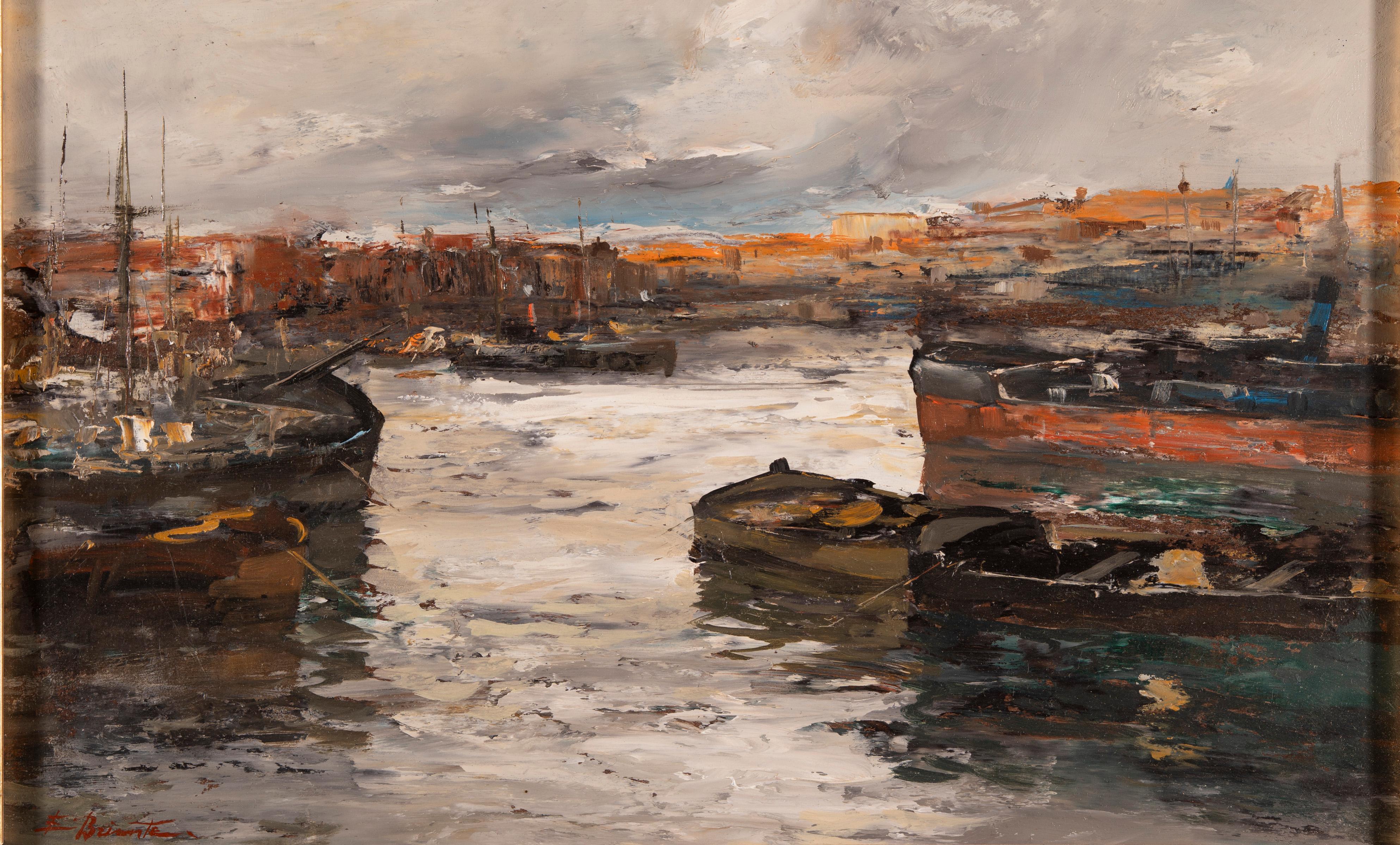 Port avec bateaux amarrés au coucher du soleil, peinture à l'huile impressionniste de la côte