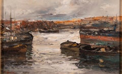 Harbor with Moored Boats at Sunset, Impressionist Coastal Oil Painting