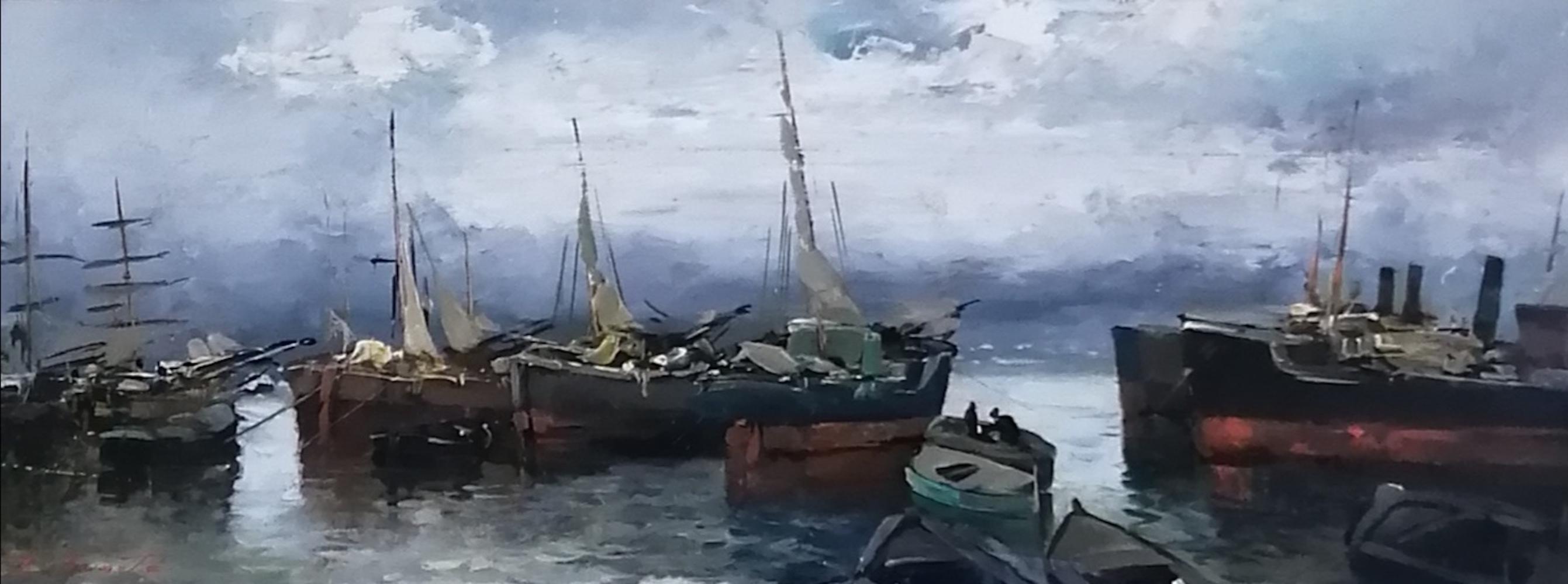 Landscape Painting de Ezelino Briante - Puerto de Génova, Italia
