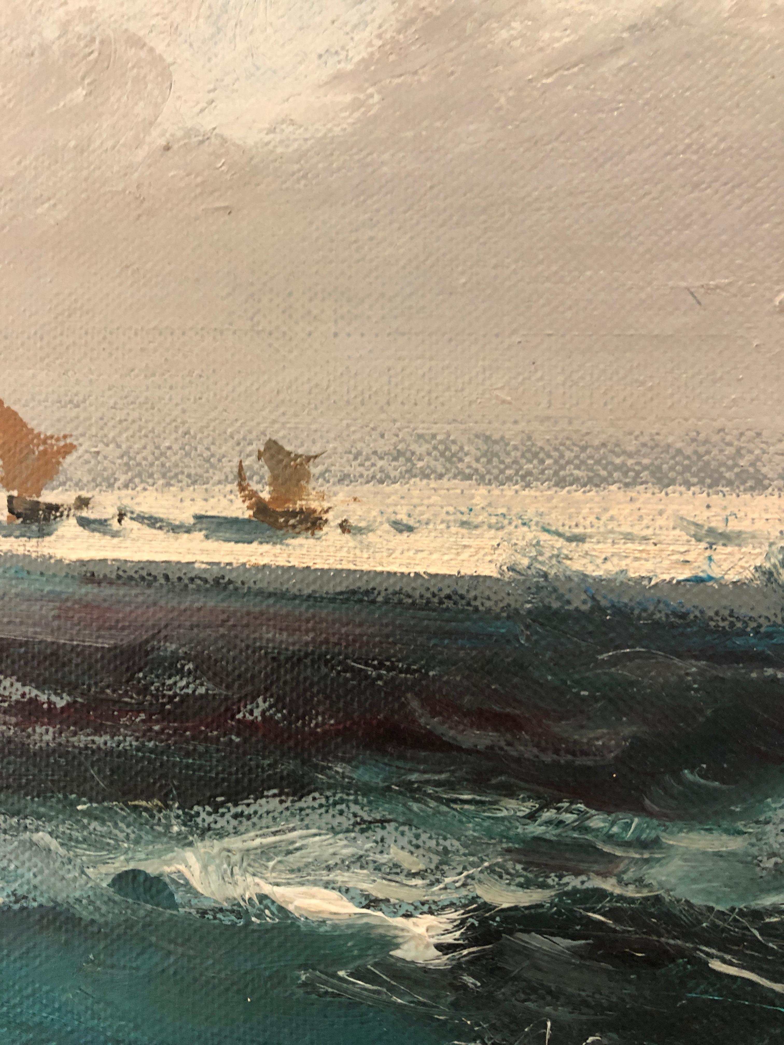Sailboats at sea - Brown Landscape Painting by Ezelino Briante