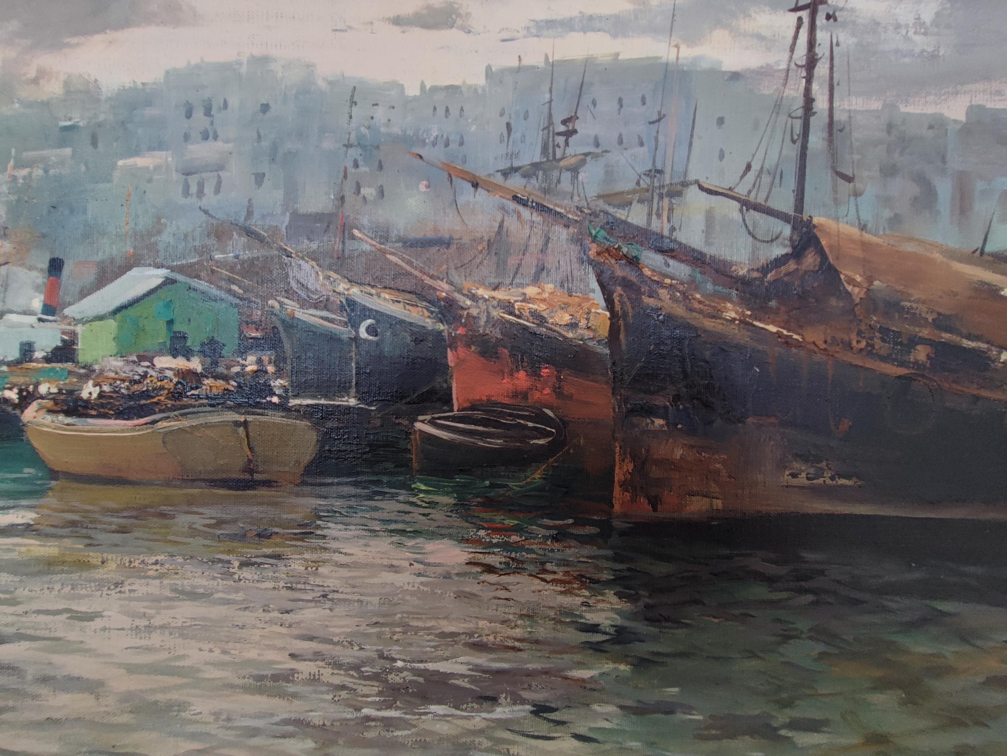 El gran puerto - Landscape Painting Gris de Ezelino Briante