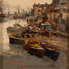 The Harbor, European Coastal 20th century Marine Oil Painting