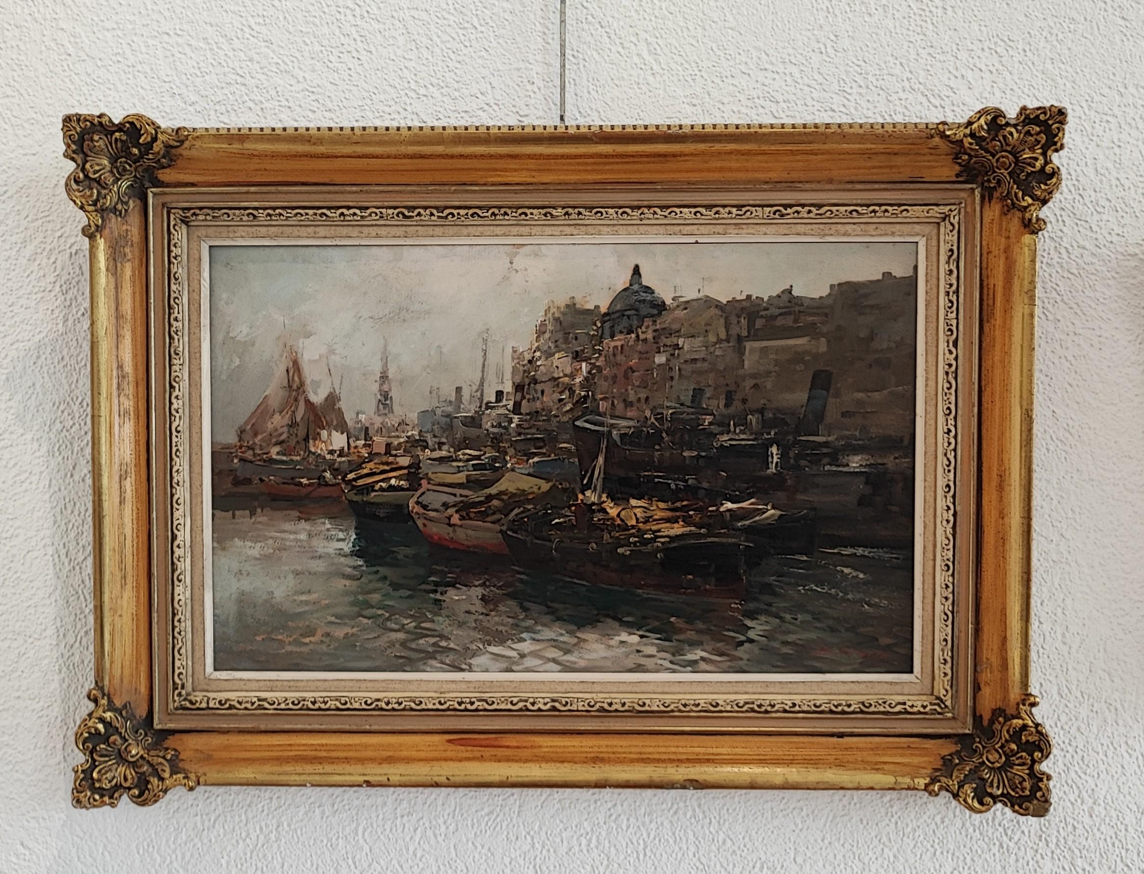 Vista de un puerto bullicioso - Painting de Ezelino Briante