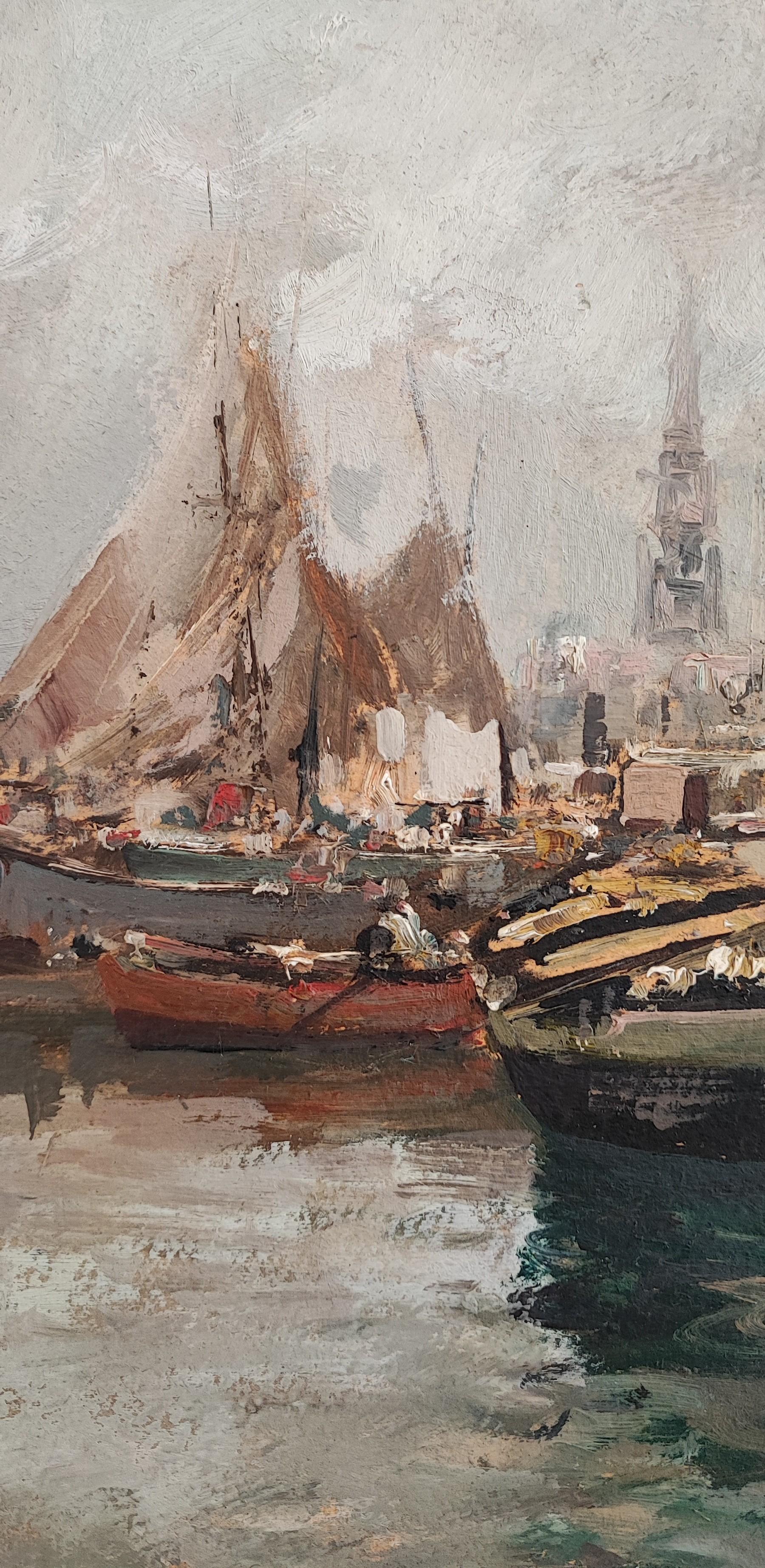 Vista de un puerto bullicioso - Landscape Painting Gris de Ezelino Briante