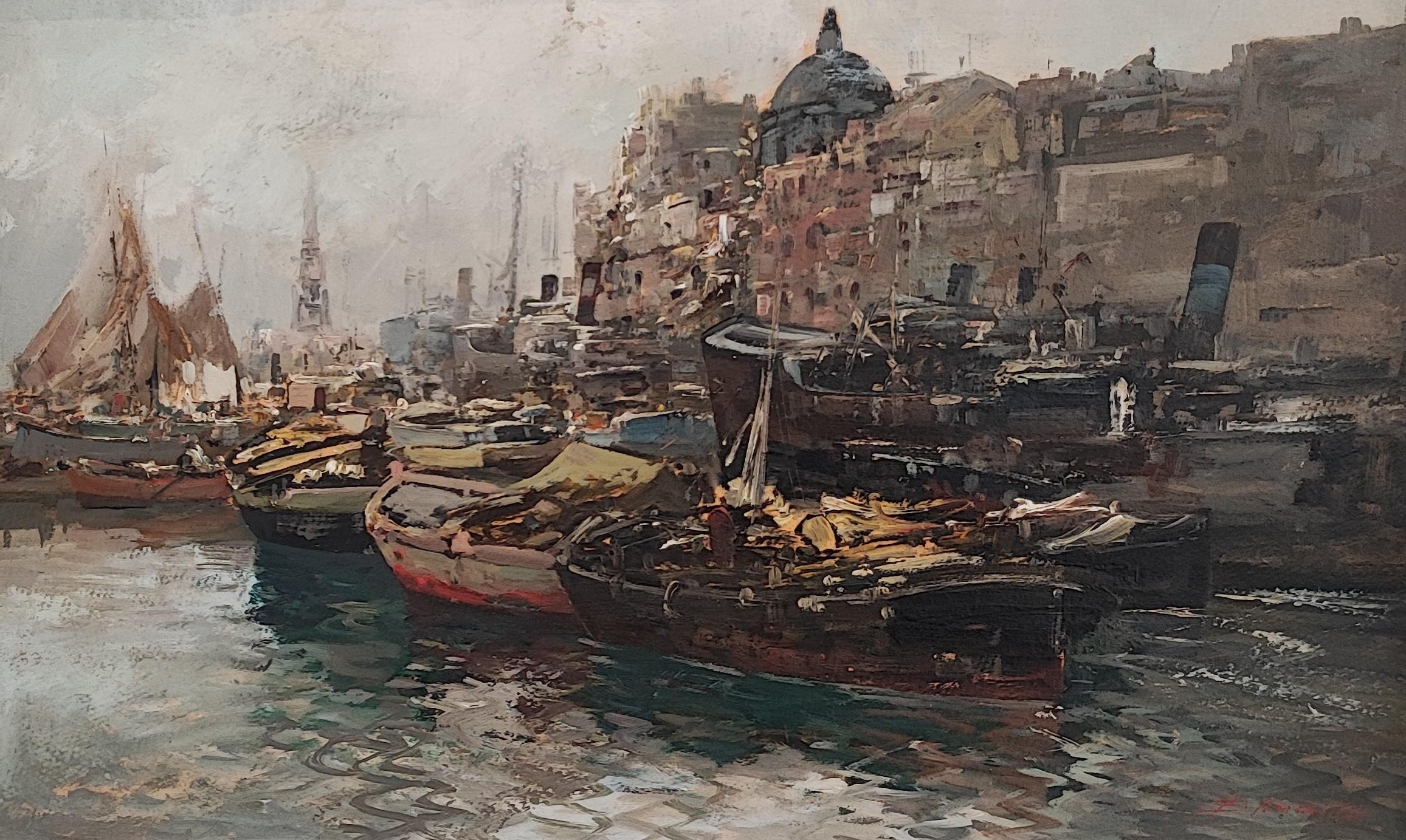 Landscape Painting de Ezelino Briante - Vista de un puerto bullicioso