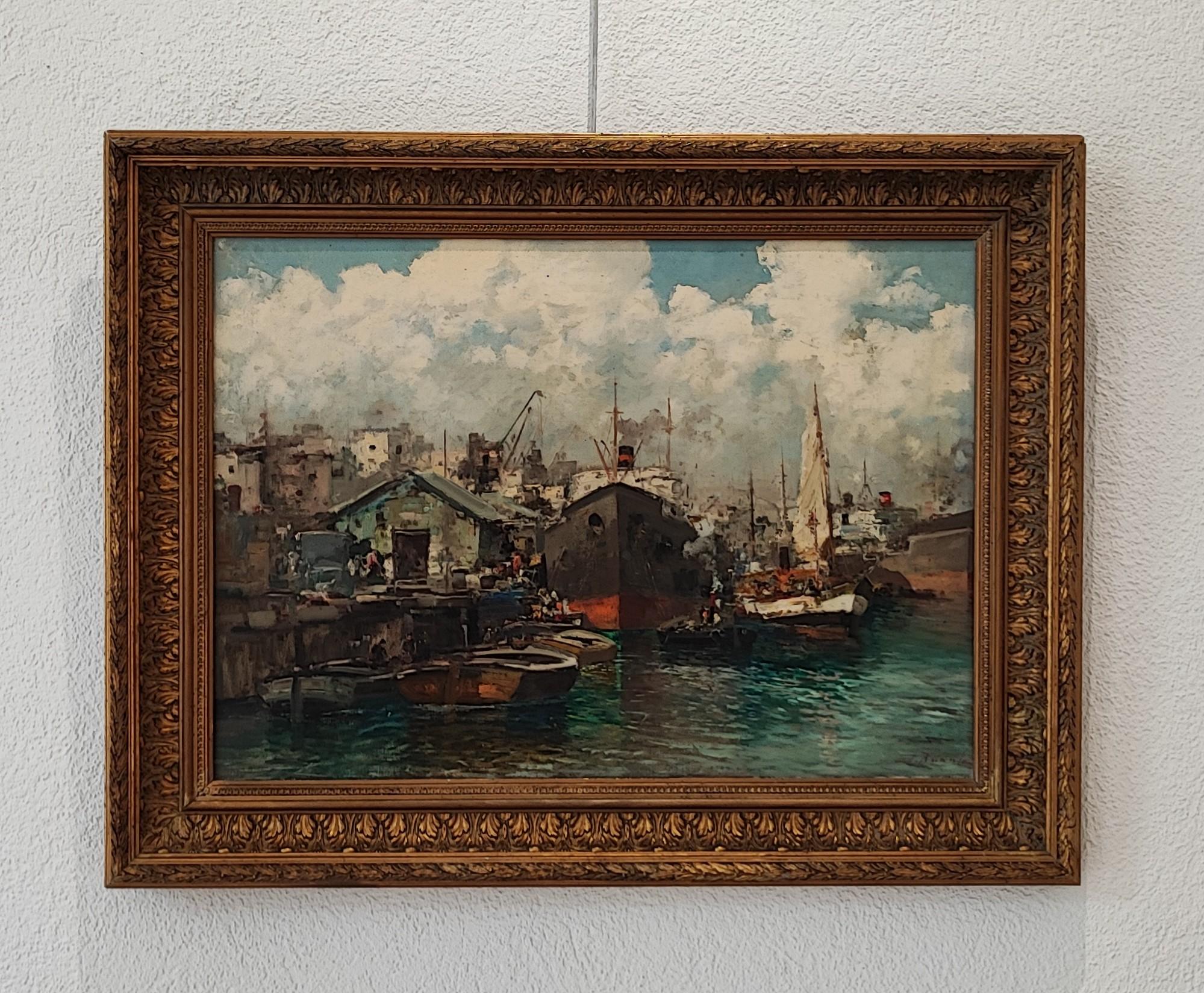 Vista di un porto - Painting di Ezelino Briante