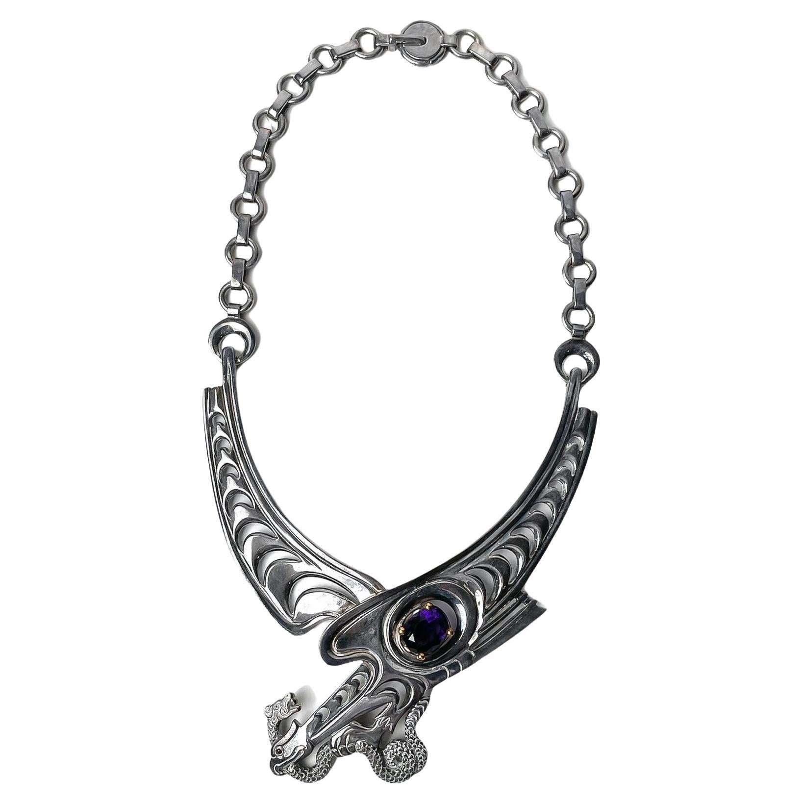 Ezequiel Tapia Silver Necklace with 14K Gold and Amethyst  For Sale