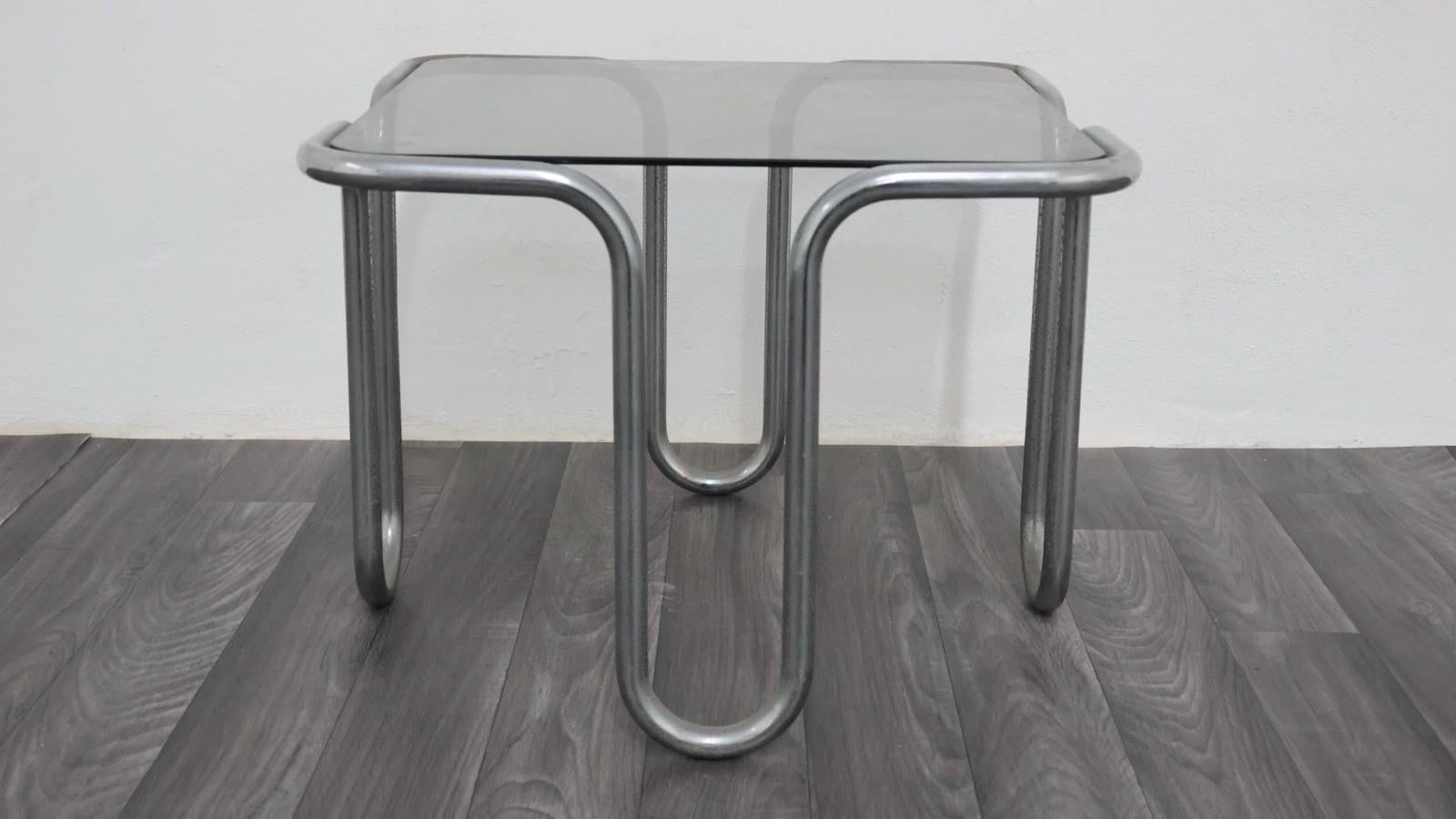 Ezio Didone Tavolino In Acciaio Tubolare Cromato Cristallo Fumè Design Anni '70 en venta 4