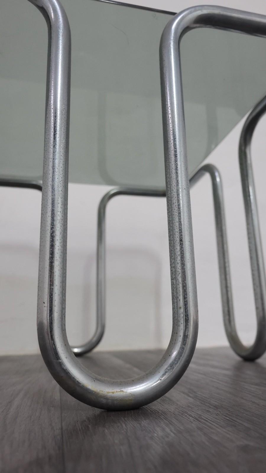 Ezio Didone Tavolino In Acciaio Tubolare Cromato Cristallo Fumè Design Anni '70 en venta 1