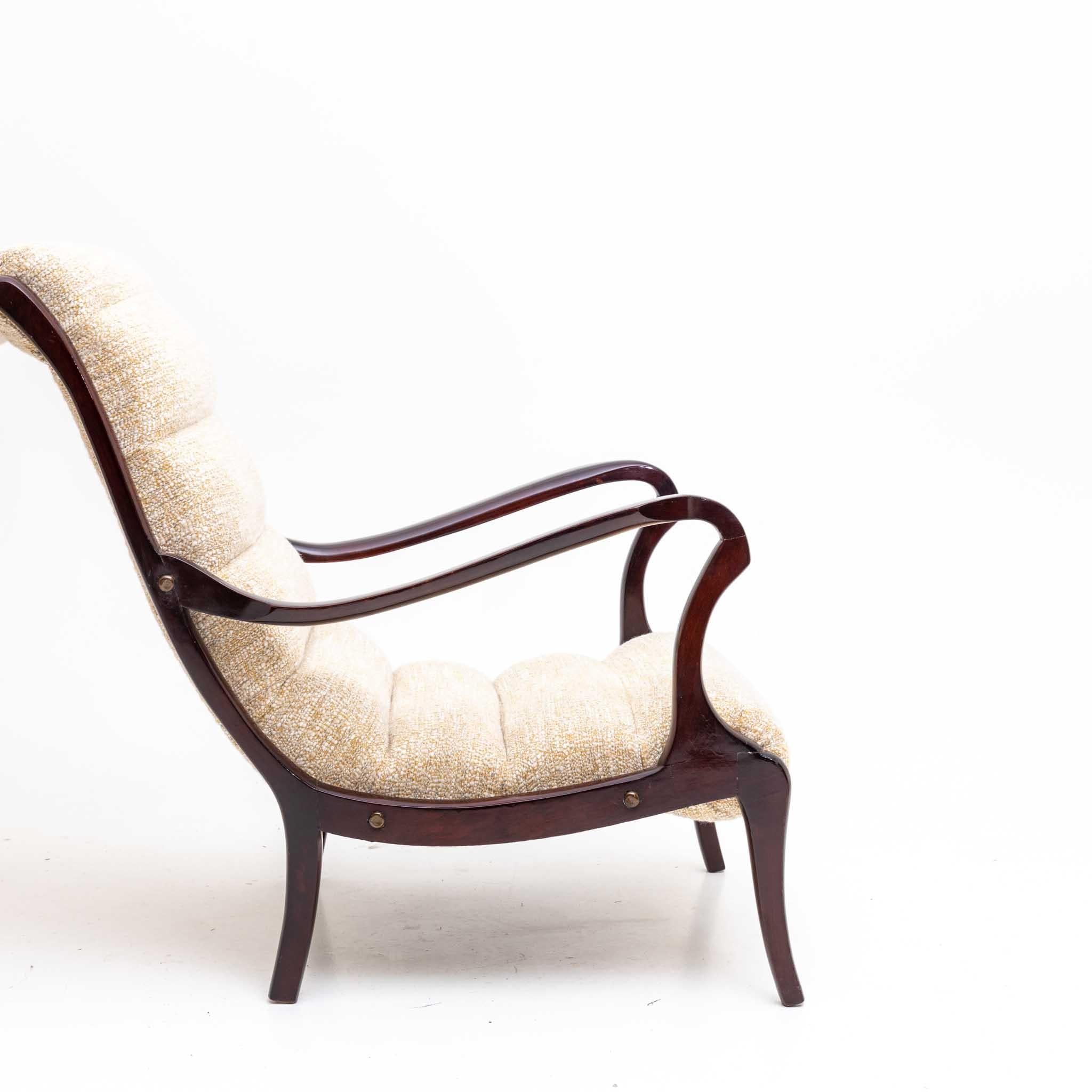 Pair of Brown and Beige Ezio Longhi Armchairs, Wood and Fabric, Italy, 1950s 4