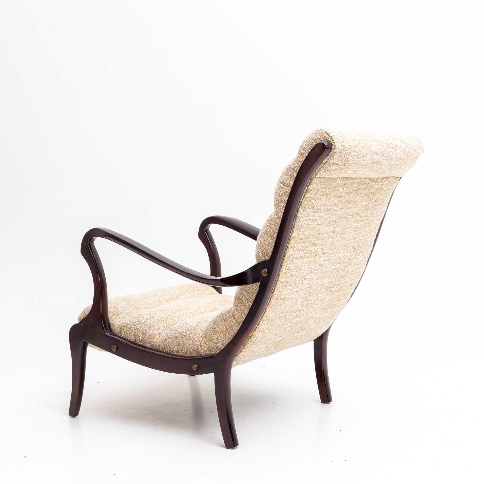 Mid-Century Modern Pair of Brown and Beige Ezio Longhi Armchairs, Wood and Fabric, Italy, 1950s