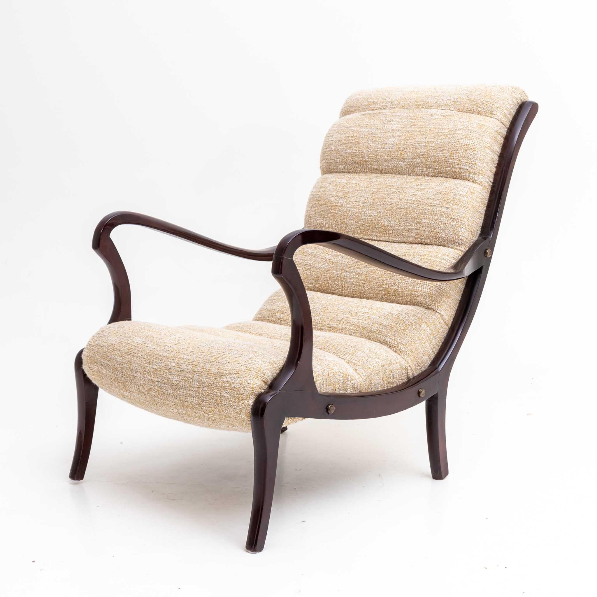 Italian Pair of Brown and Beige Ezio Longhi Armchairs, Wood and Fabric, Italy, 1950s
