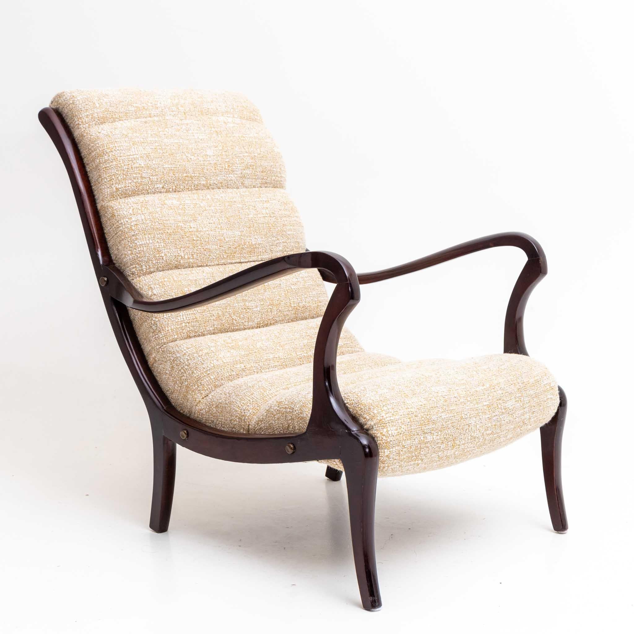 Pair of Brown and Beige Ezio Longhi Armchairs, Wood and Fabric, Italy, 1950s In Excellent Condition In Greding, DE