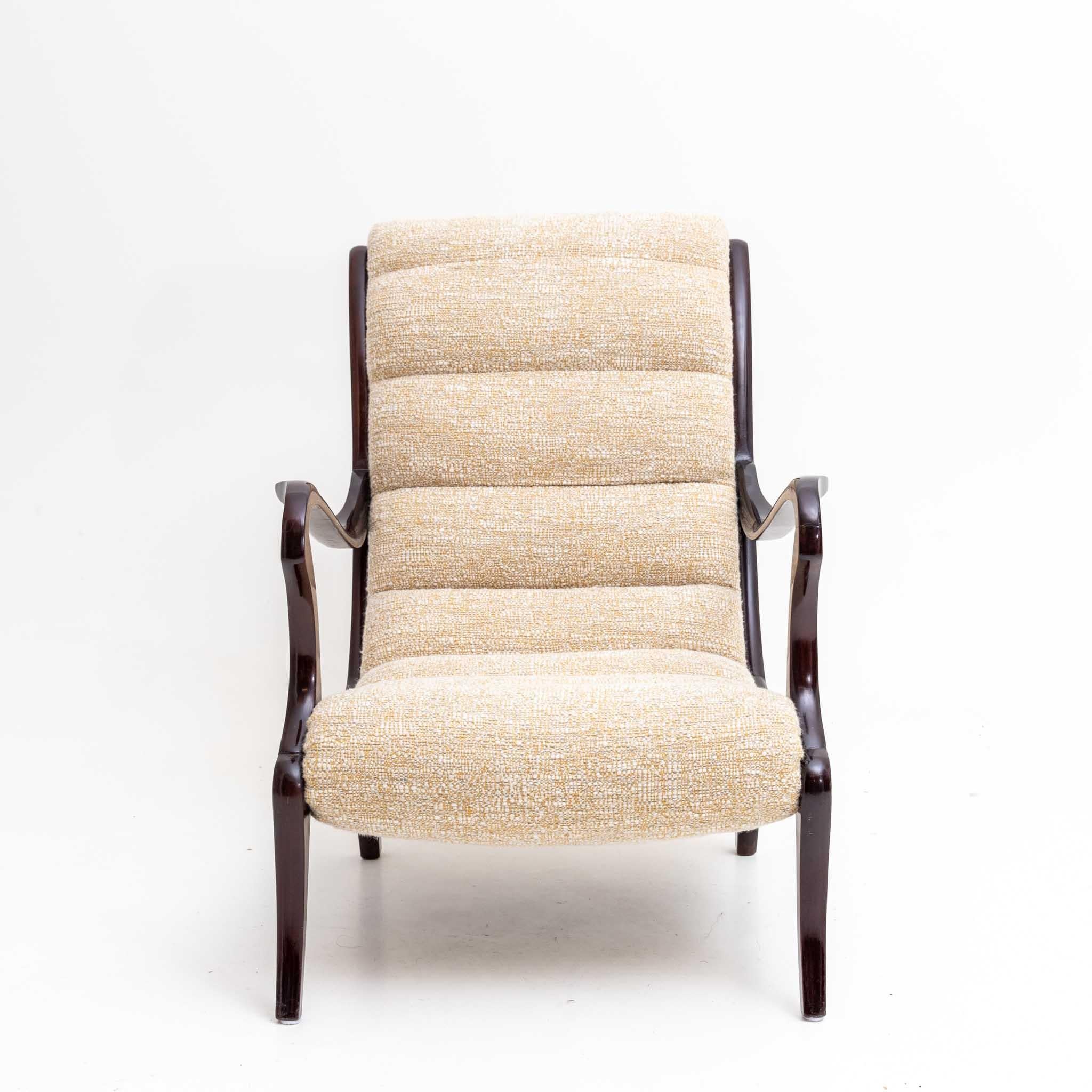 Mid-20th Century Pair of Brown and Beige Ezio Longhi Armchairs, Wood and Fabric, Italy, 1950s