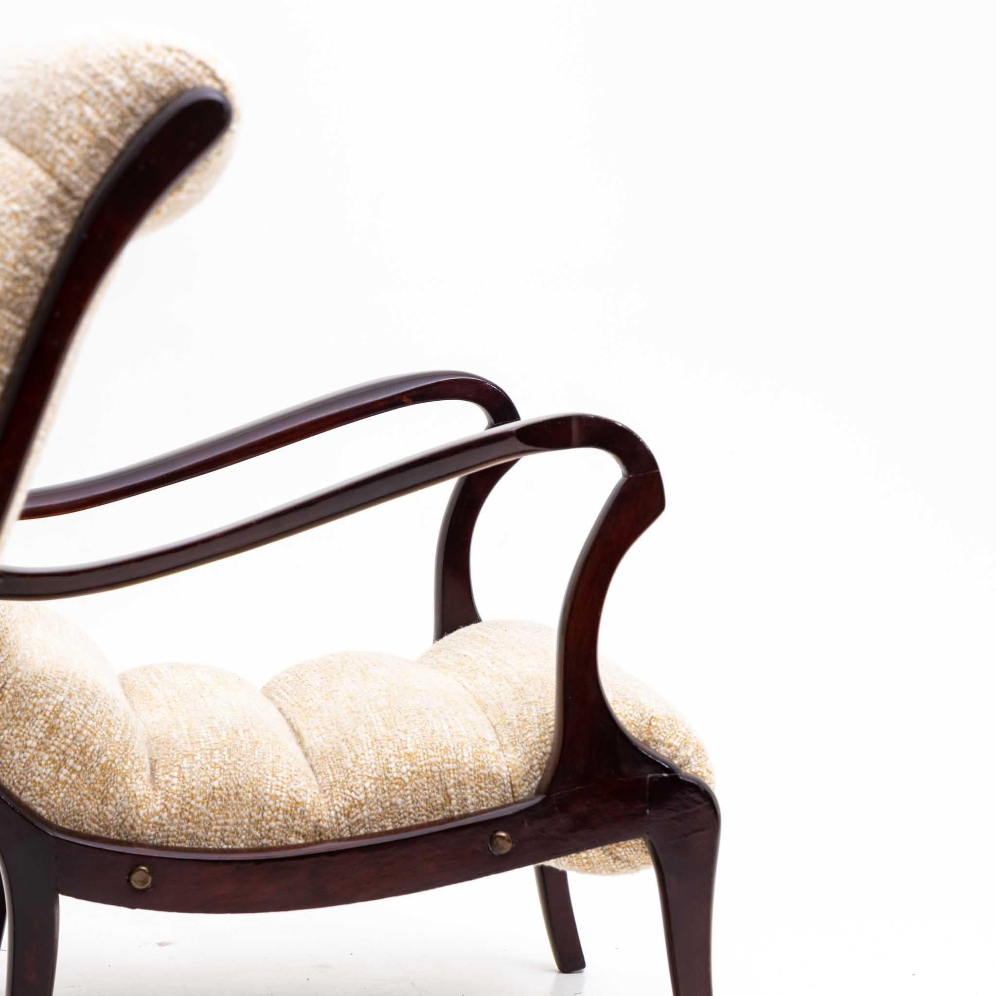 Pair of Brown and Beige Ezio Longhi Armchairs, Wood and Fabric, Italy, 1950s 1