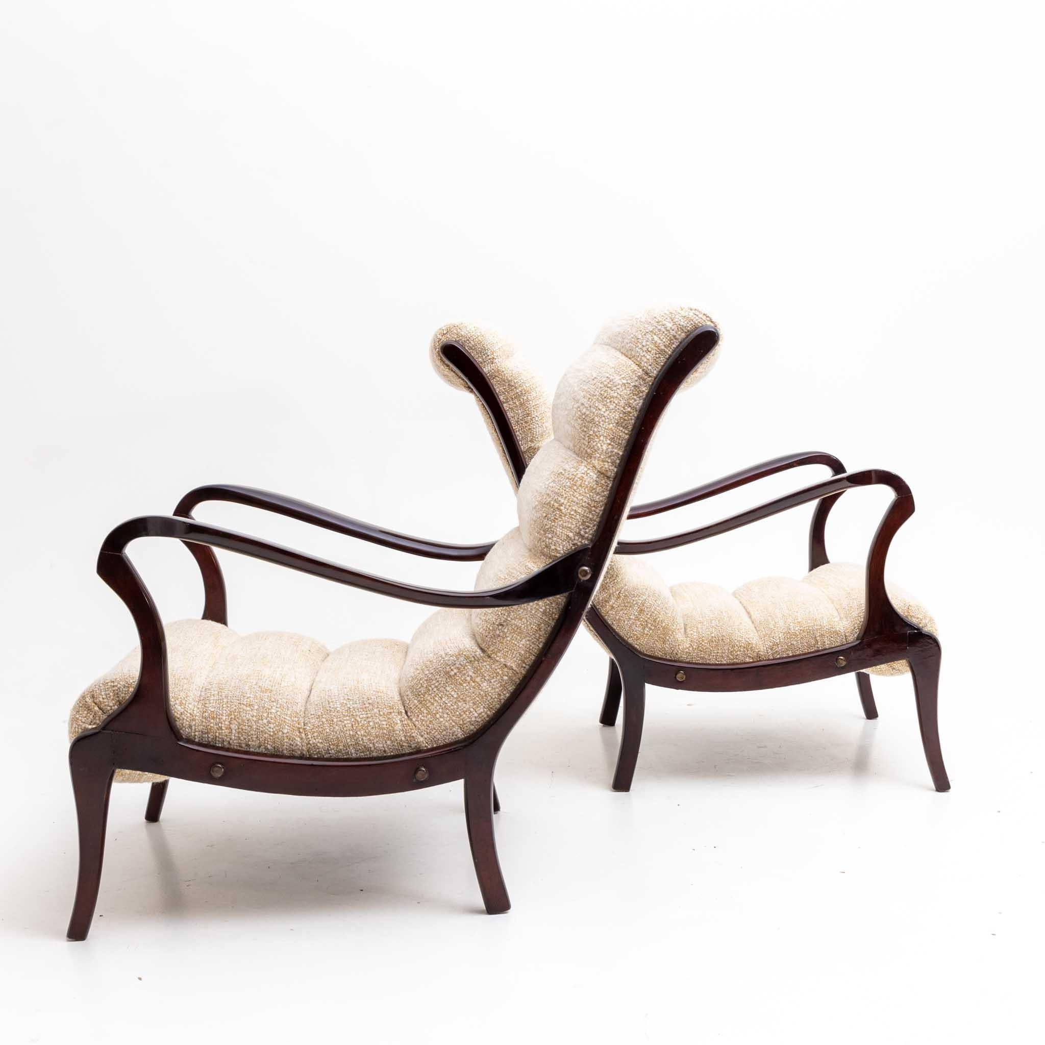 Pair of Brown and Beige Ezio Longhi Armchairs, Wood and Fabric, Italy, 1950s 2
