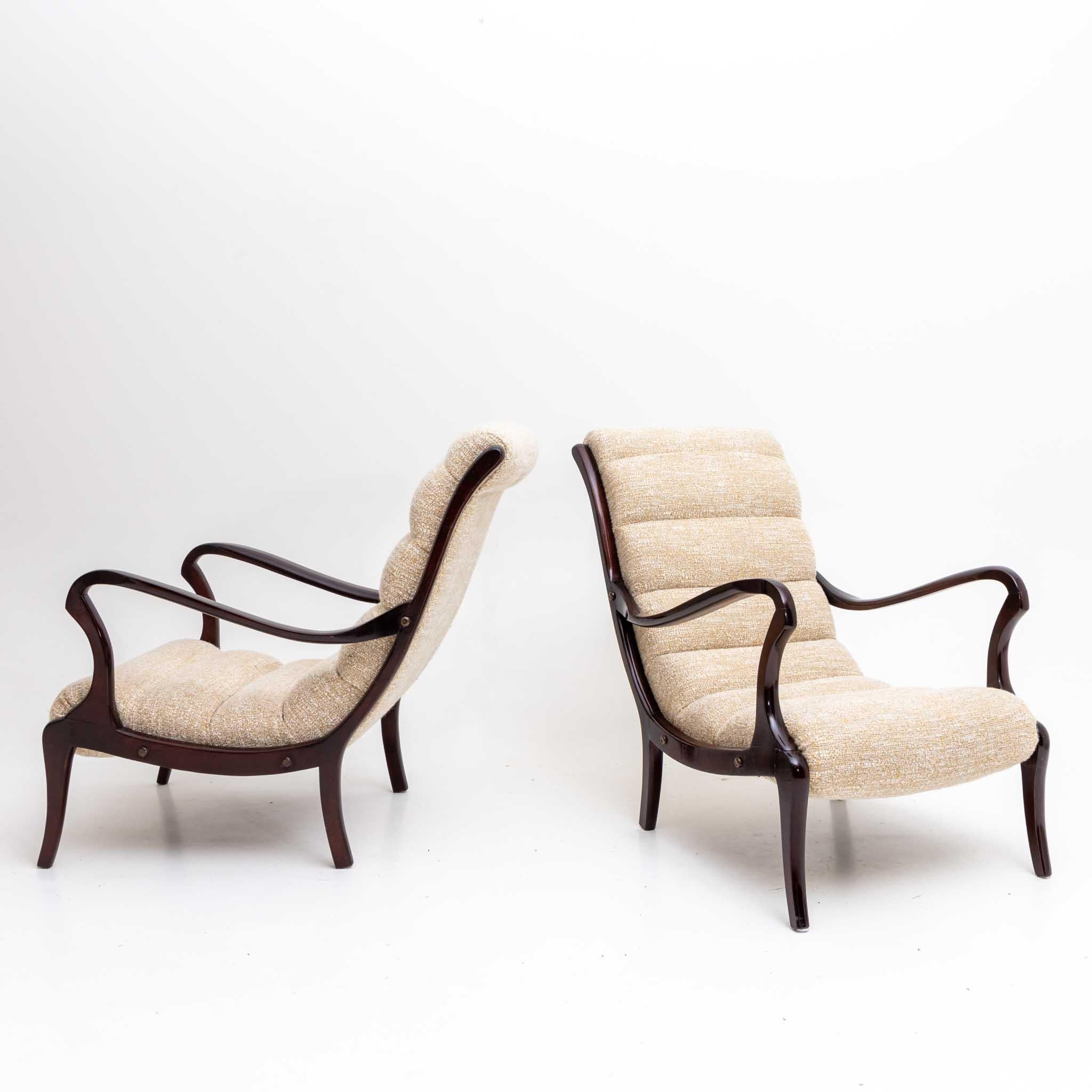 Pair of Brown and Beige Ezio Longhi Armchairs, Wood and Fabric, Italy, 1950s 3