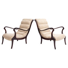 Pair of Brown and Beige Ezio Longhi Armchairs, Wood and Fabric, Italy, 1950s