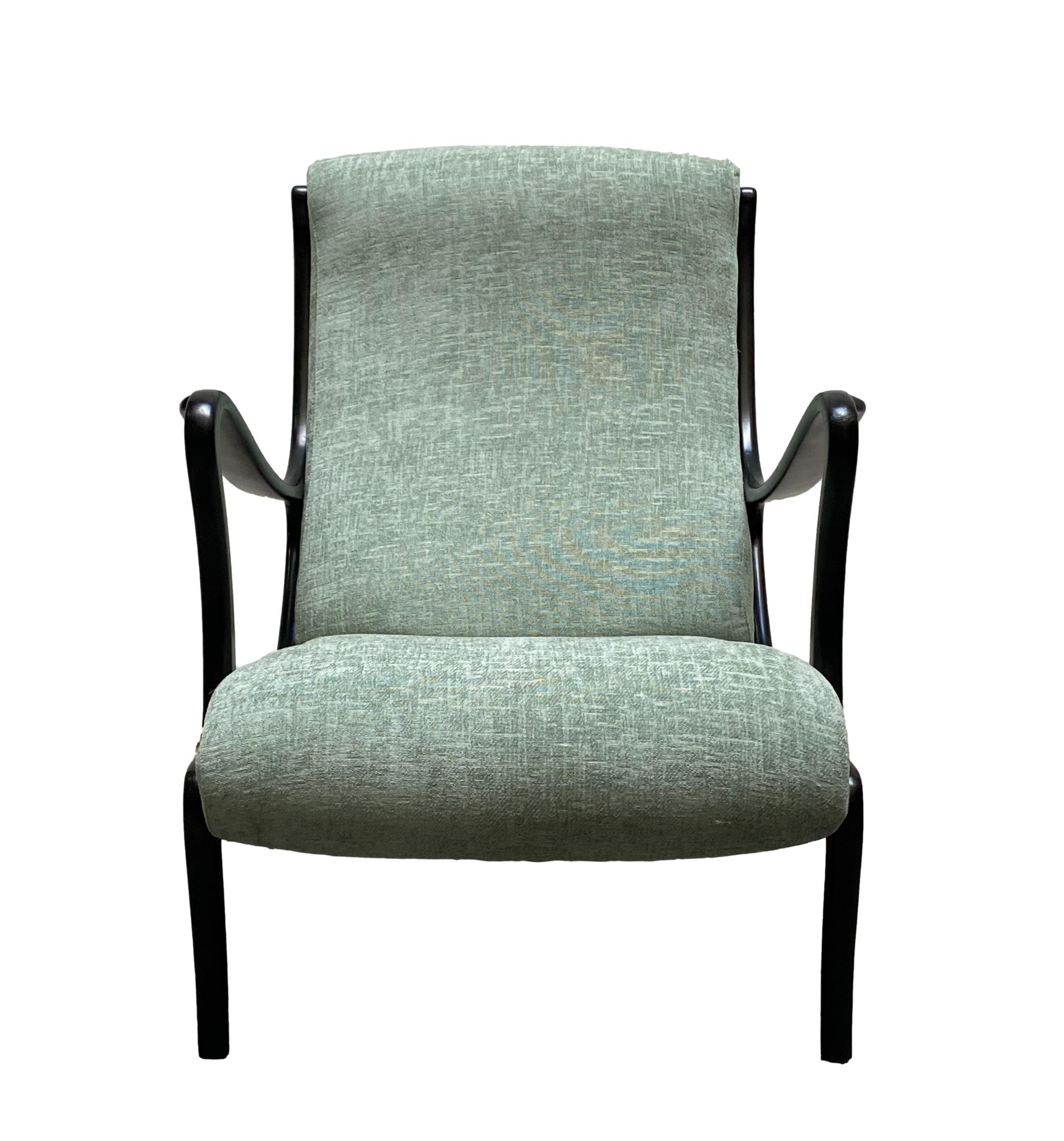 Italian armchair designed by Ezio Longhi for Elam in the 1950s.
Structure in ebonized curved wood and seat with green fabric upholstery.
 Excellent general conditions.