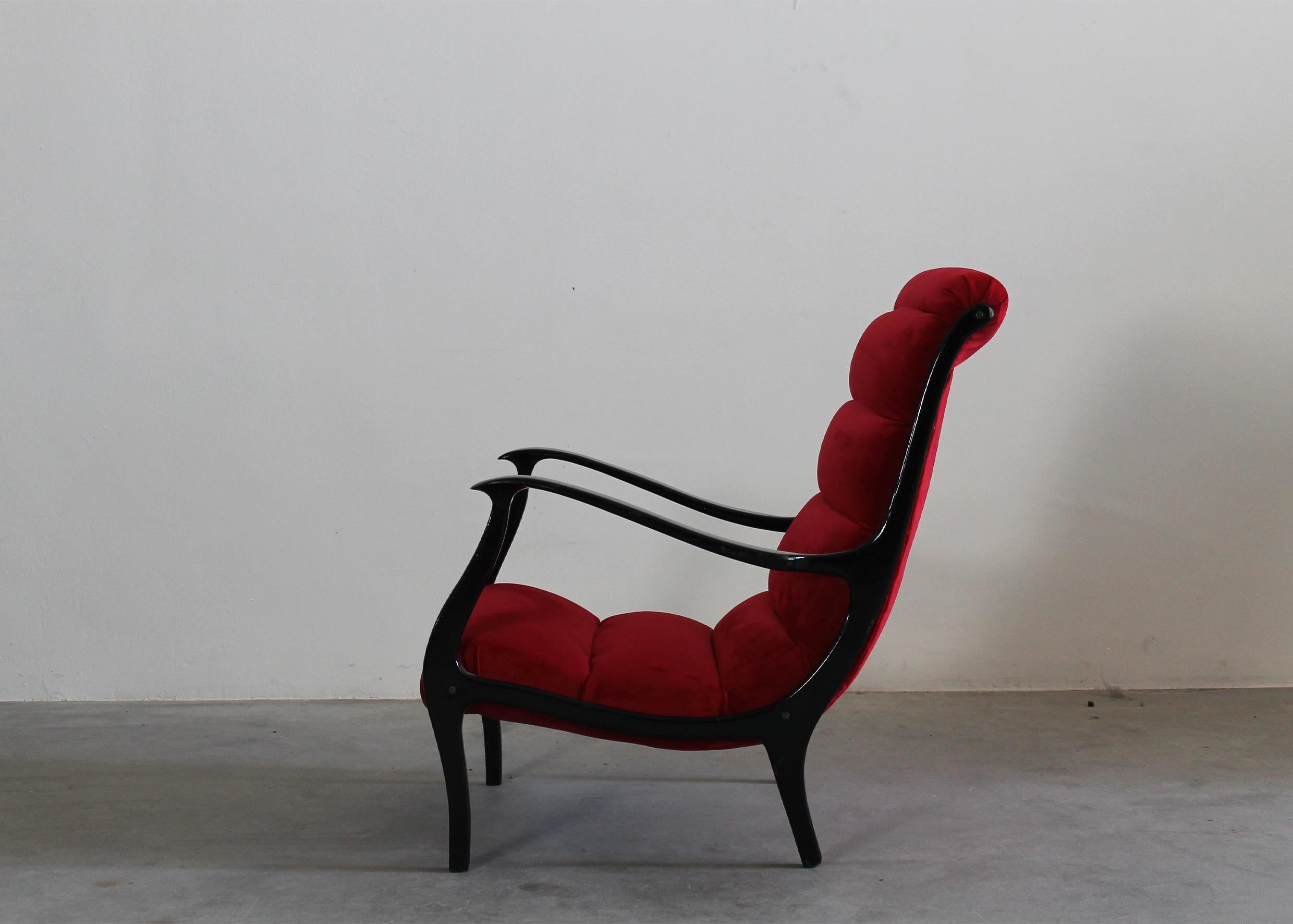 Mid-Century Modern Ezio Longhi Mitzi Armchair in Black Wood and Red Velvet for Elam Italy 1950s For Sale