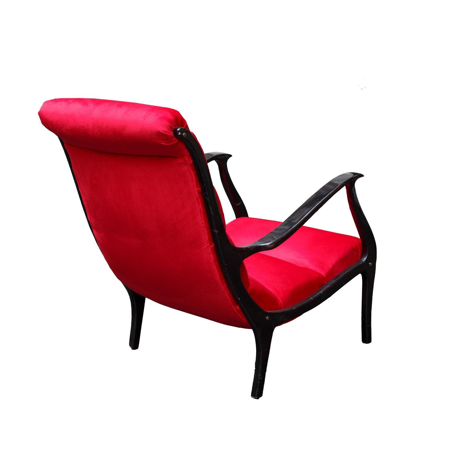 Ezio Longhi armchair Mid-Century Modern Italy 1950s in black paint wood and red velvet new.
it is very nice and confortable seat.