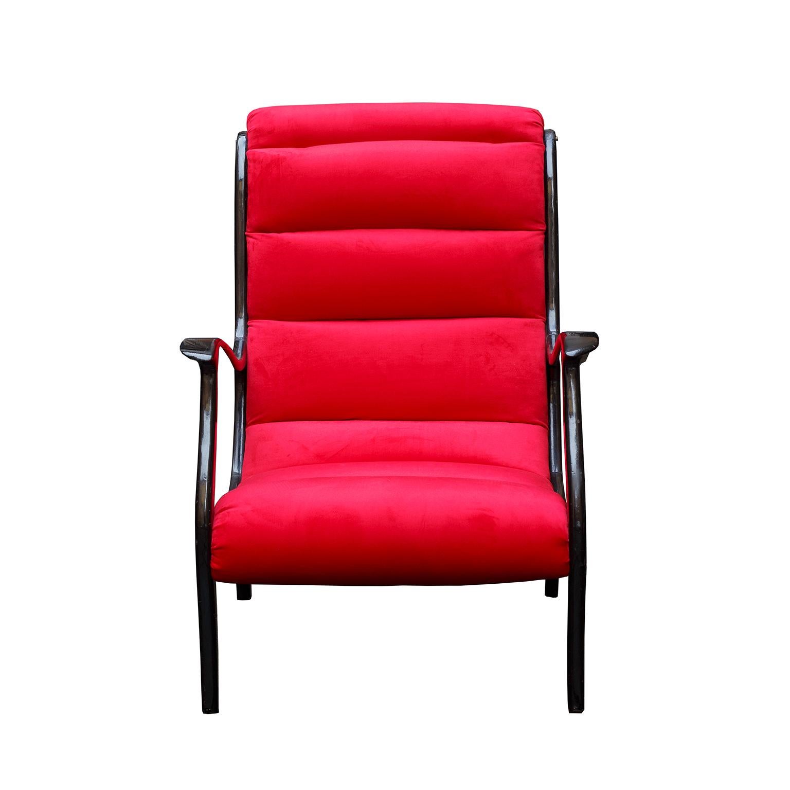 Italian Ezio Longhi Red Velvet Armchair Mid-Century Modern, Italy, 1950s