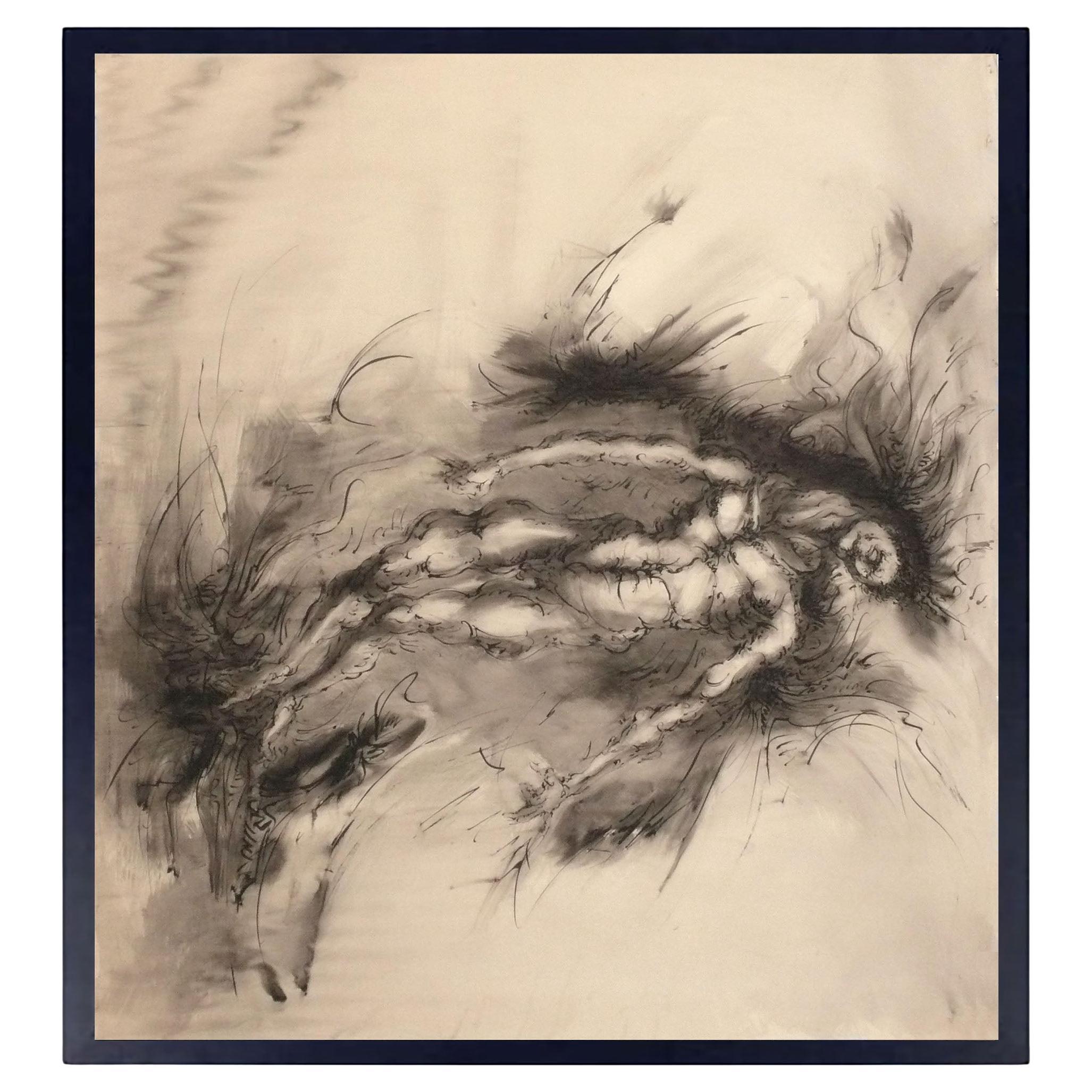 Ezio Martinelli Peinture figurative 64" x 70" Art abstrait moderne du milieu du siècle