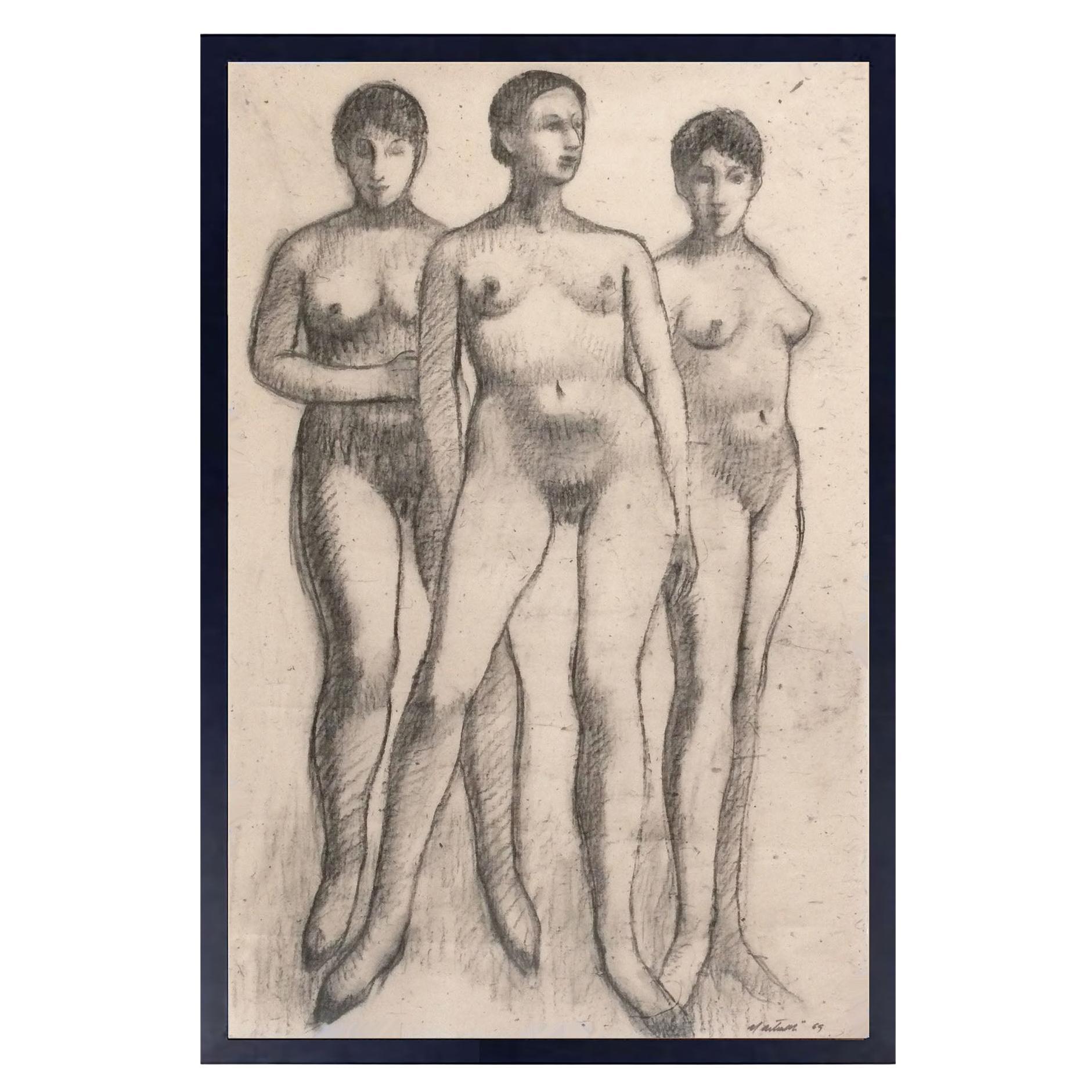 Ezio Martinelli Figural Study Drawing 39.5" x 27.5" Mid Century Modern Art