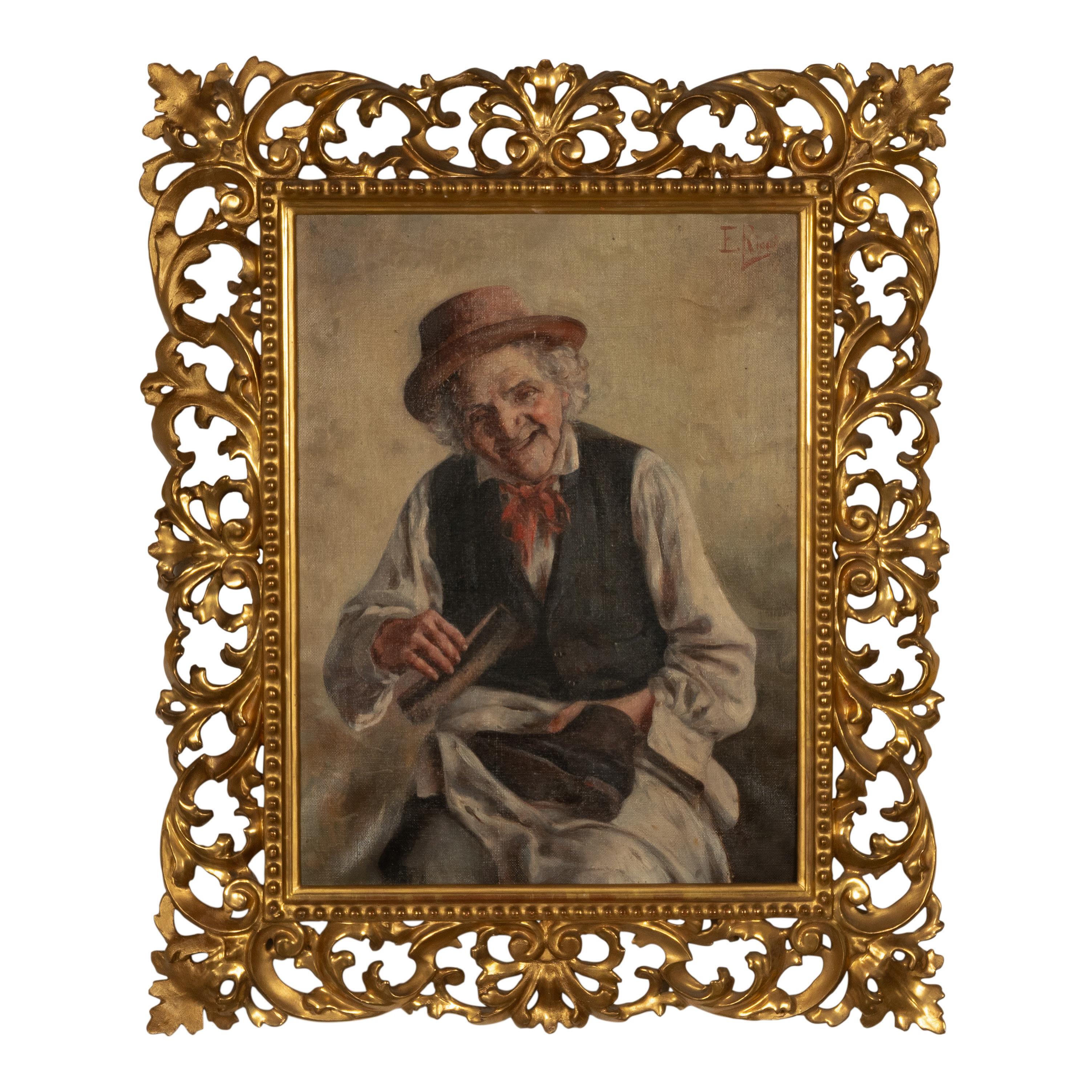 Ezio Ricci Portrait Painting - Antique Italian Genre Scene Oil Painting "Shoe Shiner" Cobbler Florentine Frame