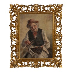 Antique Italian Genre Scene Oil Painting "Shoe Shiner" Cobbler Florentine Frame