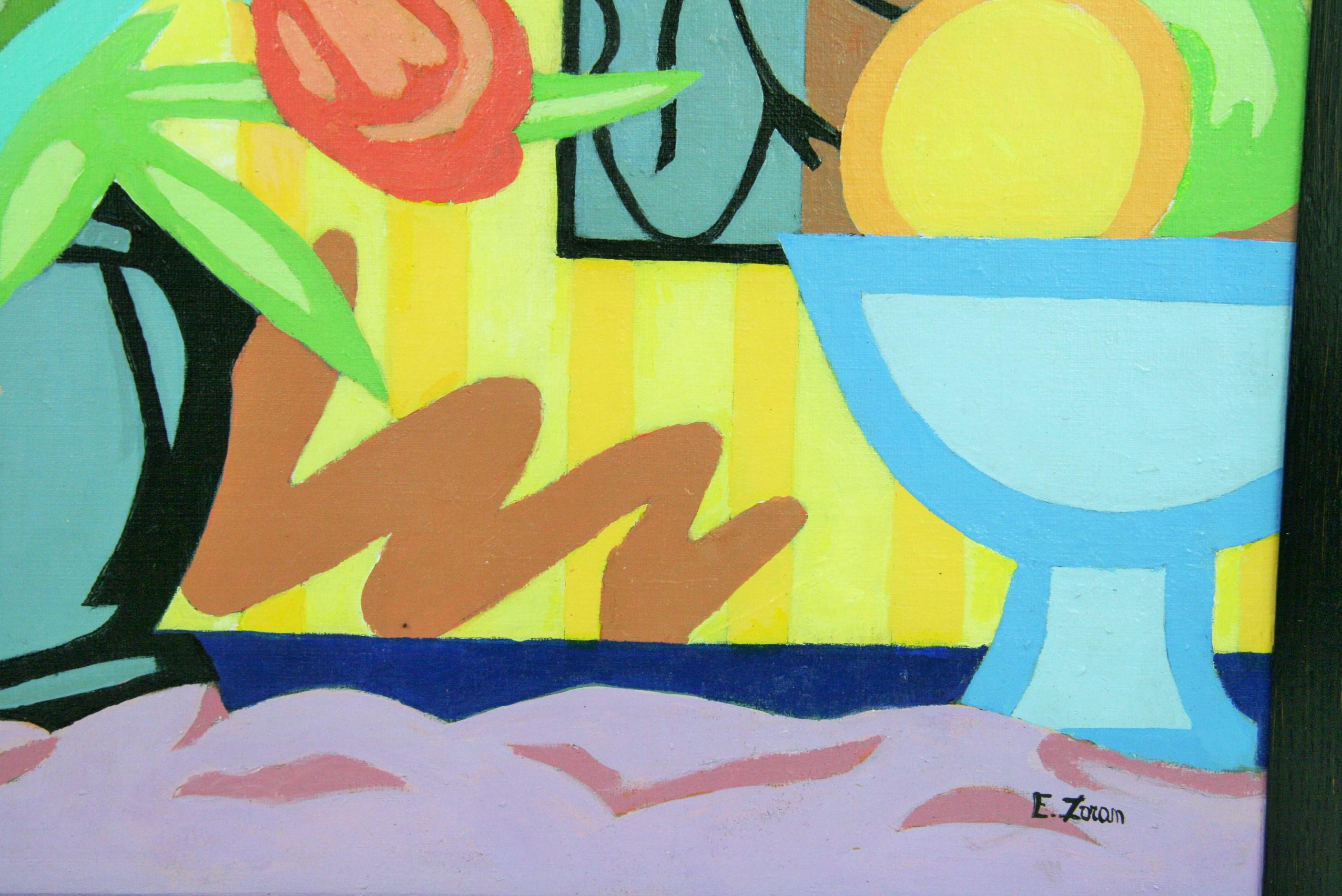 #5-3325a    Bodegón figurativo,acrílico vintage sobre tabla de artista,presentado en un marco de madera negra,firmado por E.Zoran.Tamaño de la imagen 18 A x 14 A