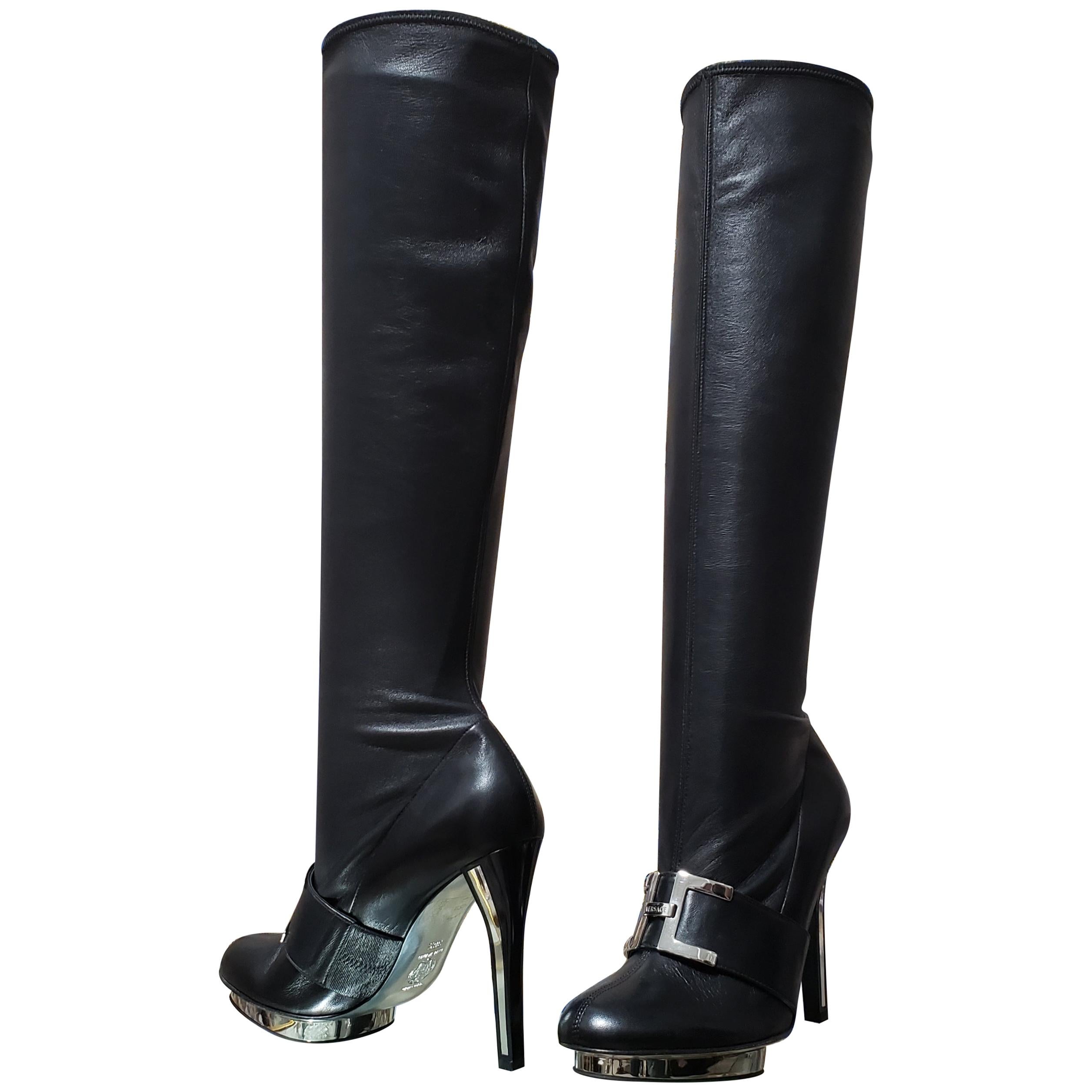 F/2007 L# 10 VERSACE VINTAGE BLACK STRETCH LEATHER PLATFORM Boots 38.5 - 8.5